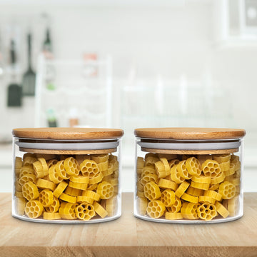 Allo 300ML Kitchen Storage Box Glass Jars With Wooden Lids - Borosilicate Glass Food Storage Containers Airtight Glass Jar for Tea, Coffee, Spice, Pulses, Masala (Round Glass Jar - Set of 2)