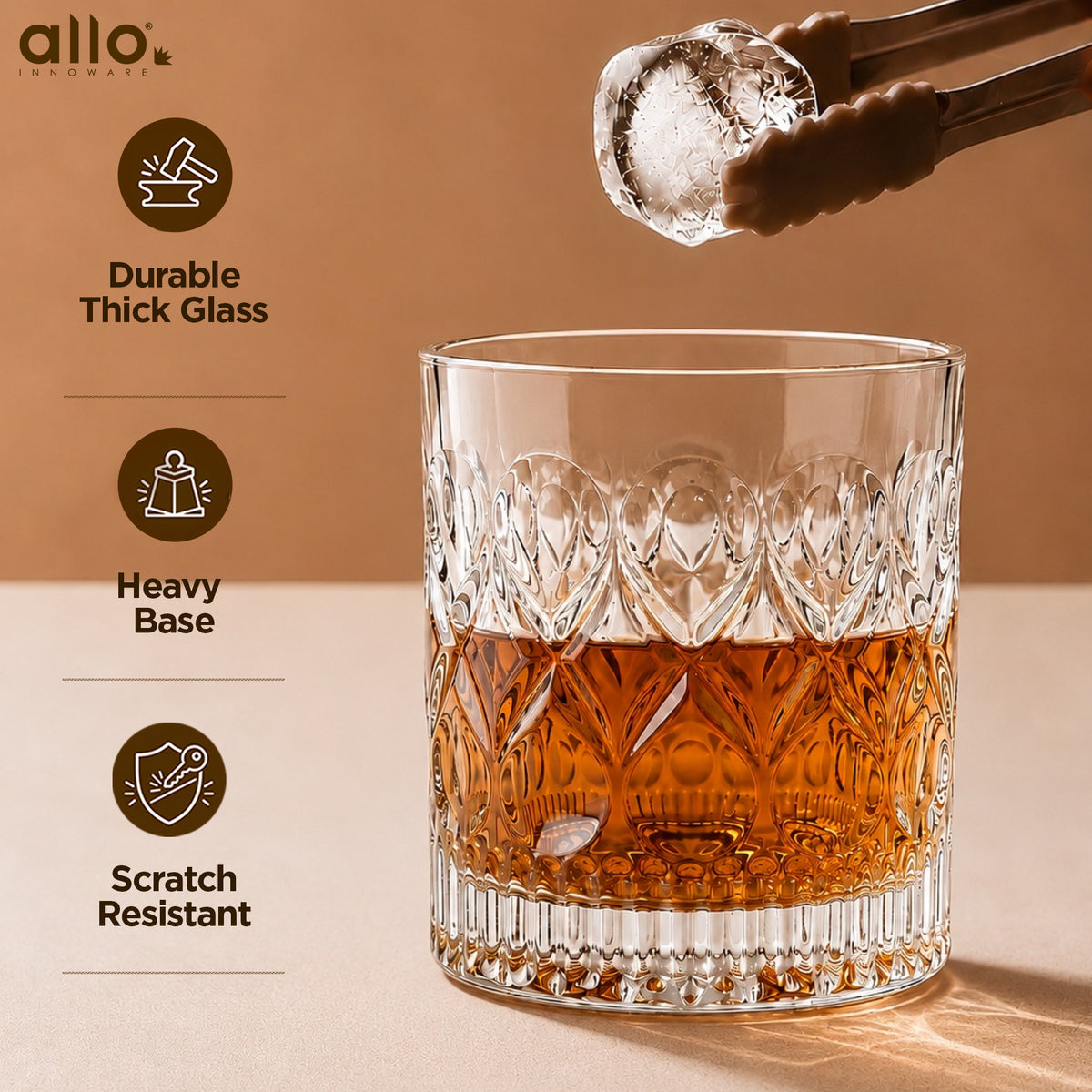Allo Glass Set Of 6 Premium Whisky Glasses, 300 ml, For Drinking Water, Wine, Cocktail, Mocktail, Martini, Liquor, Alcohol, Scotch, Bourbon | Gift Set Packaging | Transparent Crown Cut Whiskey Glass