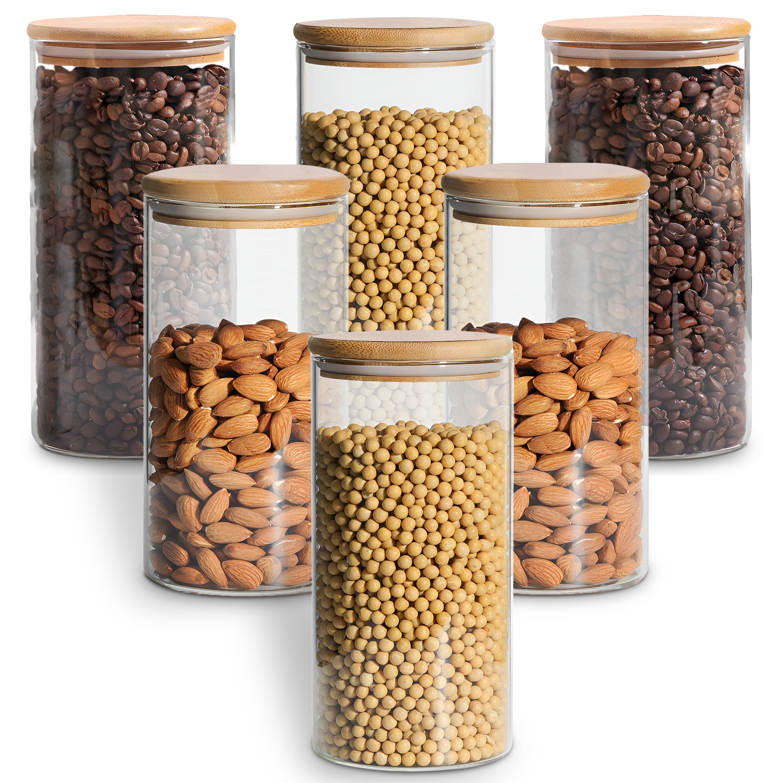 Allo 1000ML Kitchen Storage Box Glass Jars With Wooden Lids - Borosilicate Glass Food Storage Containers Airtight Glass Jar for Tea, Coffee, Spice, Pulses, Masala (Round Glass Jar - Set of 6)
