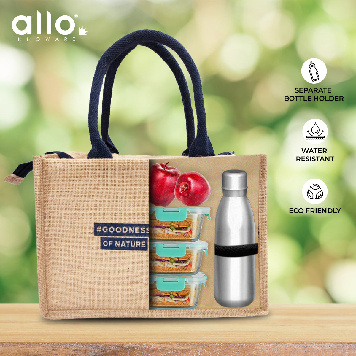 Allo Insulated Jute Bag for Lunch Box for Men, Women & Kids, Water Resistant, Tiffin Bag for Office, Reusable Multipurpose Hand Bag for Shopping, Grocery with Triple Padding