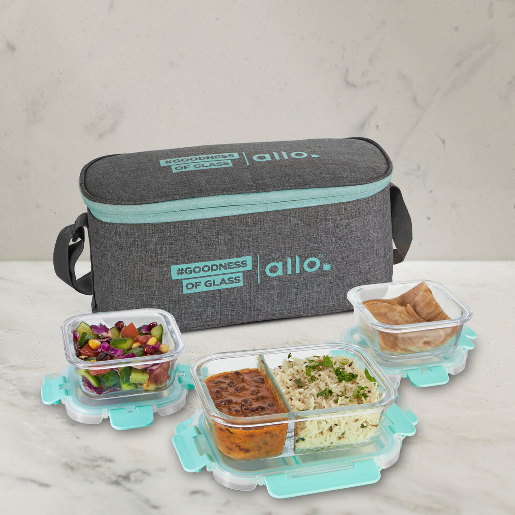 Allo FoodSafe 310ml x 2,580ml x 1 Microwave 450°C Oven Safe Glass Lunch Box with Break Free Detachable Lock | High Borosilicate | Office Tiffin with Canvas Grey Bag | Square, Rectangle