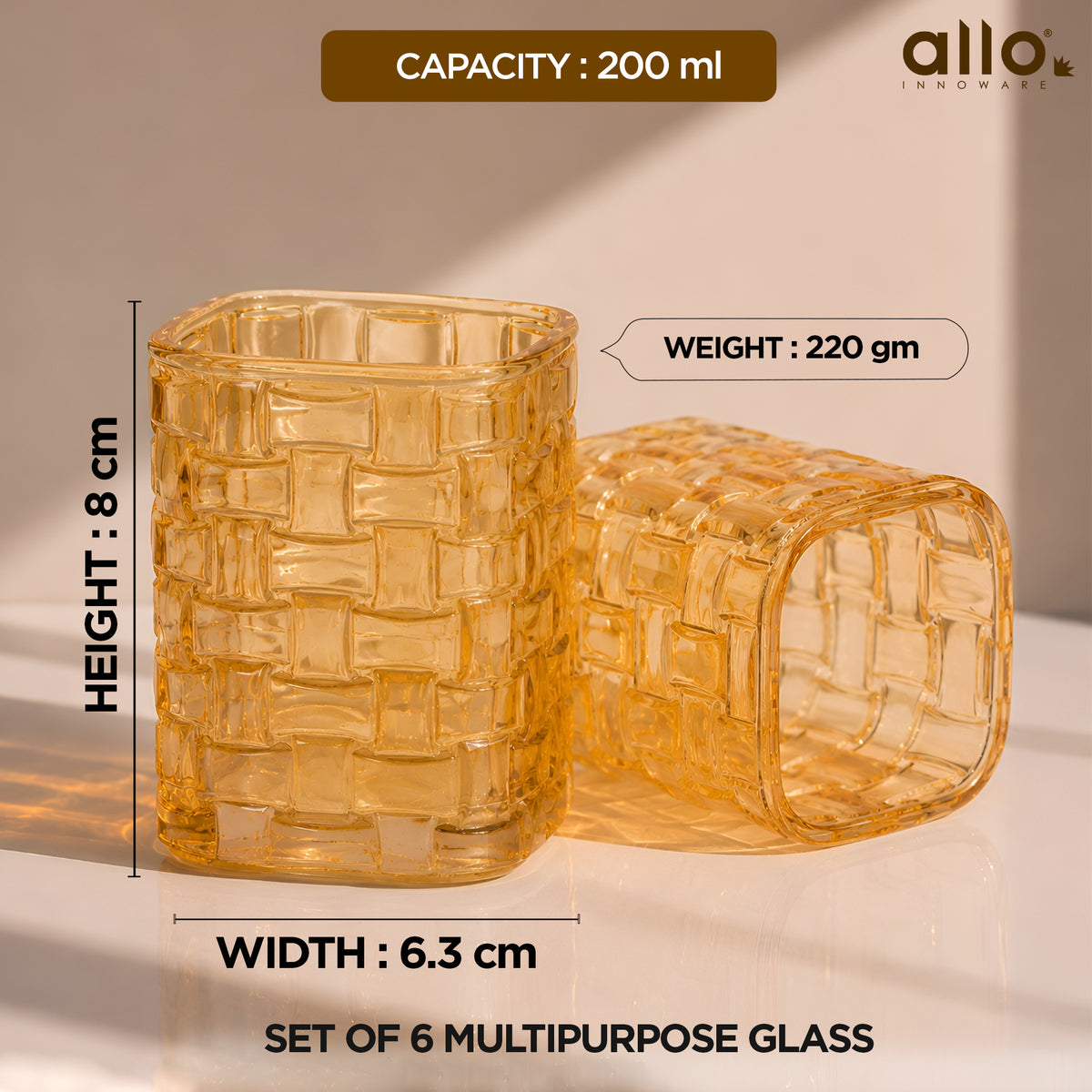 Allo Premium Glass Set Of 6, 200 ml, Latest Design Glasses For Water, Juice, Whisky, Cold Drink | Perfect For Home, Restaurants & Parties, Gift Set Packaging | Golden Basket Weave Glass