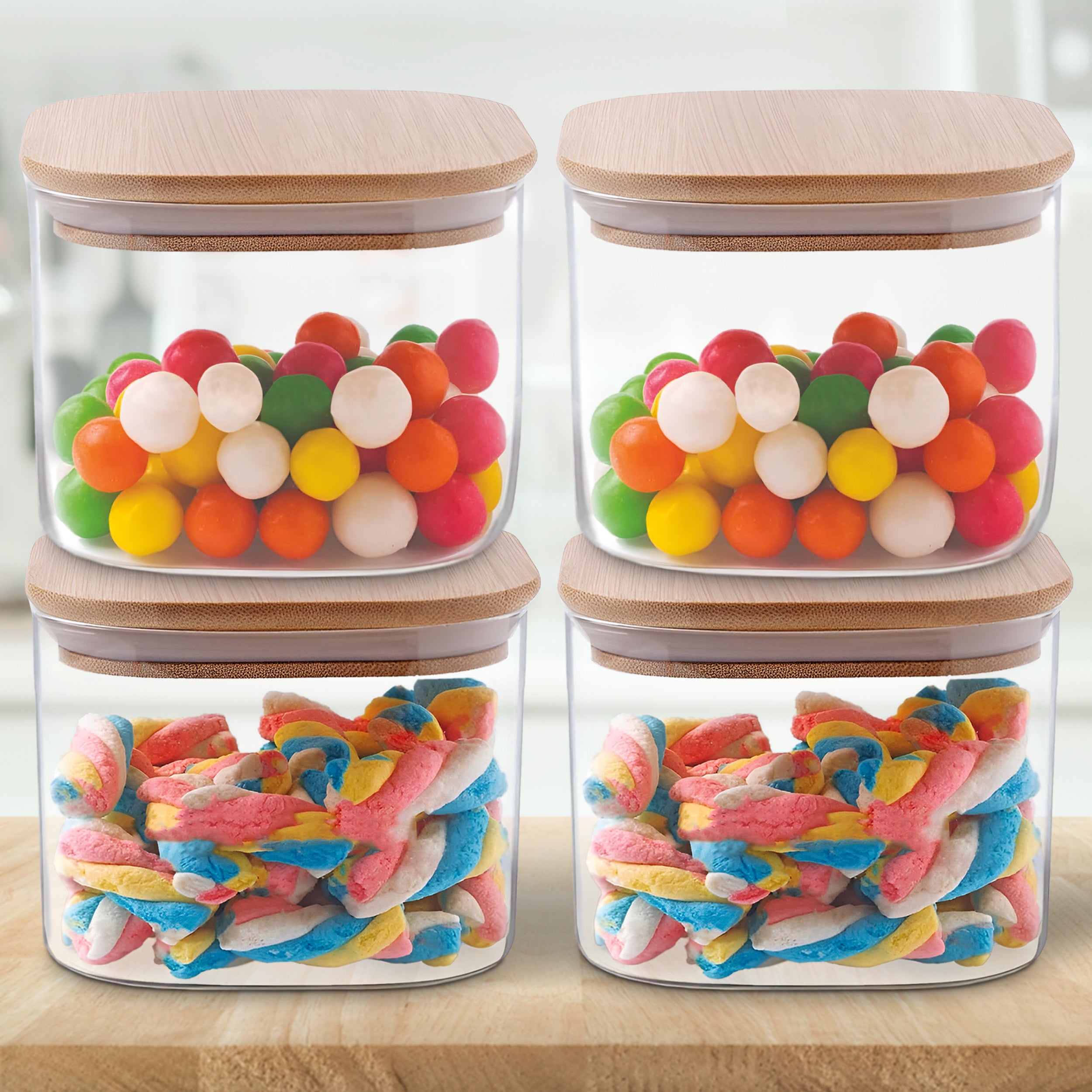 Allo 300ML Kitchen Storage Box Glass Jars With Wooden Lids - Borosilicate Glass Food Storage Containers Airtight Glass Jar For Tea, Coffee, Spice, Pulses, Masala (Square Glass Jar - Set of 4)