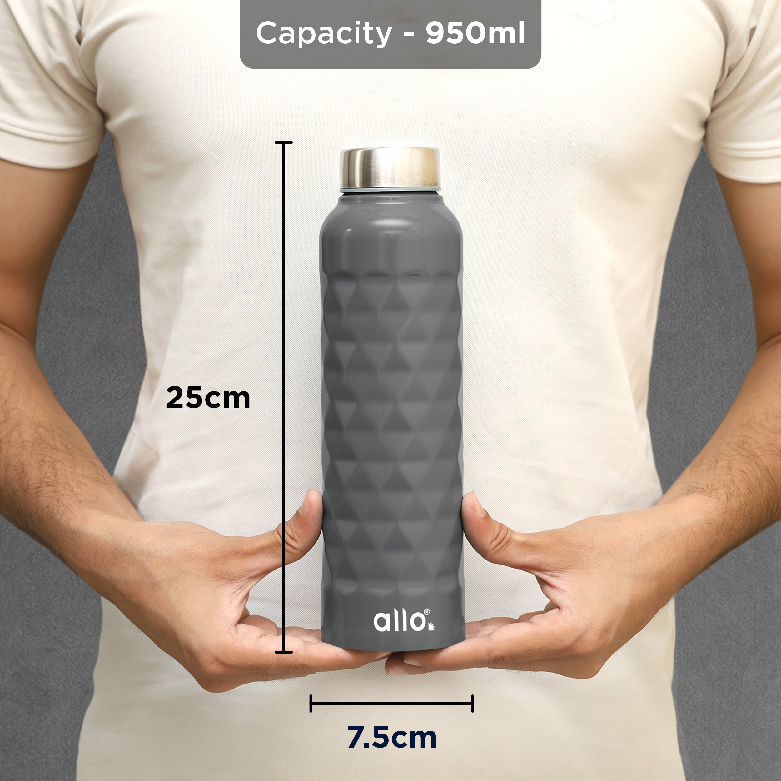 Allo Steel Water Bottles Stainless Steel Sipper Water Bottle for adults, kids 0.95 Litre Water Bottles for School, Office, Sports, Gym 950ML Water Bottle for Men and women, Dark Grey 950ml