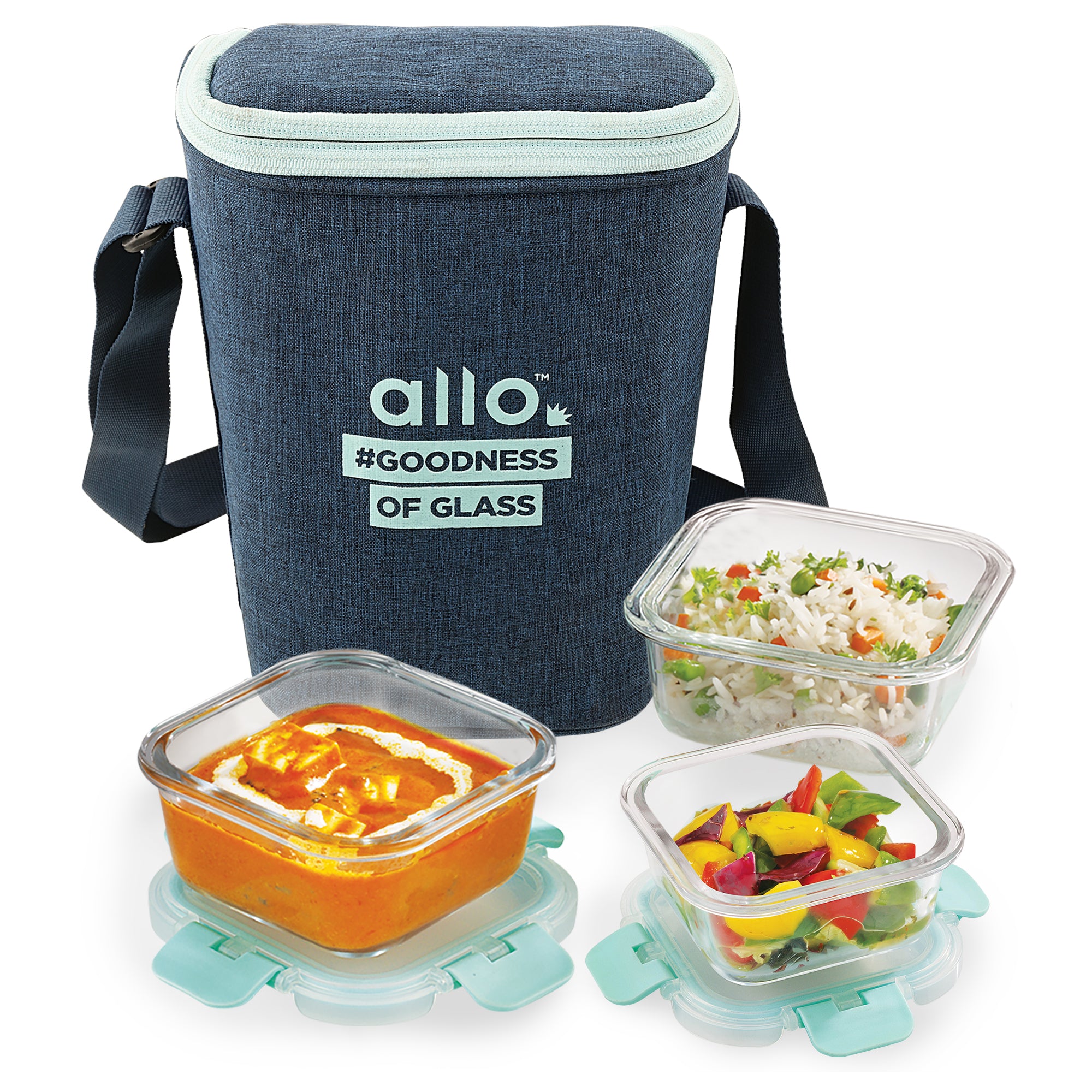 Allo Food Safe Glass Lunch Box with Break Free Detachable Lock, 450°C Microwave Safe Lunch Box, Borosilicate Glass Tiffin for office with Denim Blue Tiffin Bag, Set of 3, 160ml x 1, 310ml x 2, Square.