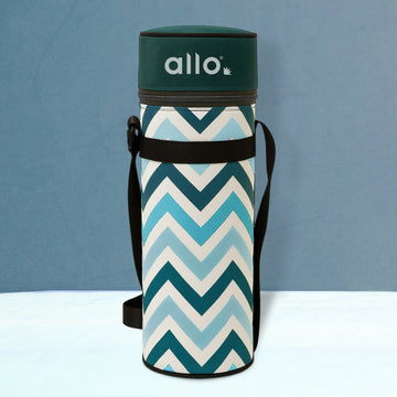 Allo Polyester Thermal Insulated 1L Bottle Cover – Water-Proof Modern Carrier Sleeve with Adjustable Shoulder Handle & Zipper Closure for Travel, Hiking, Office & School, Teal Chevron