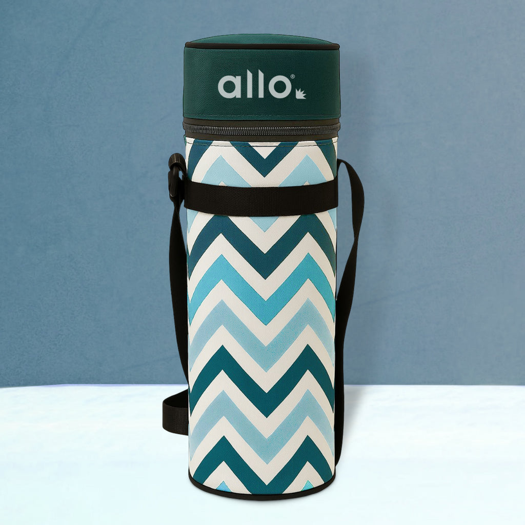 Allo Polyester Thermal Insulated 1L Bottle Cover – Water-Proof Modern Carrier Sleeve with Adjustable Shoulder Handle & Zipper Closure for Travel, Hiking, Office & School, Teal Chevron