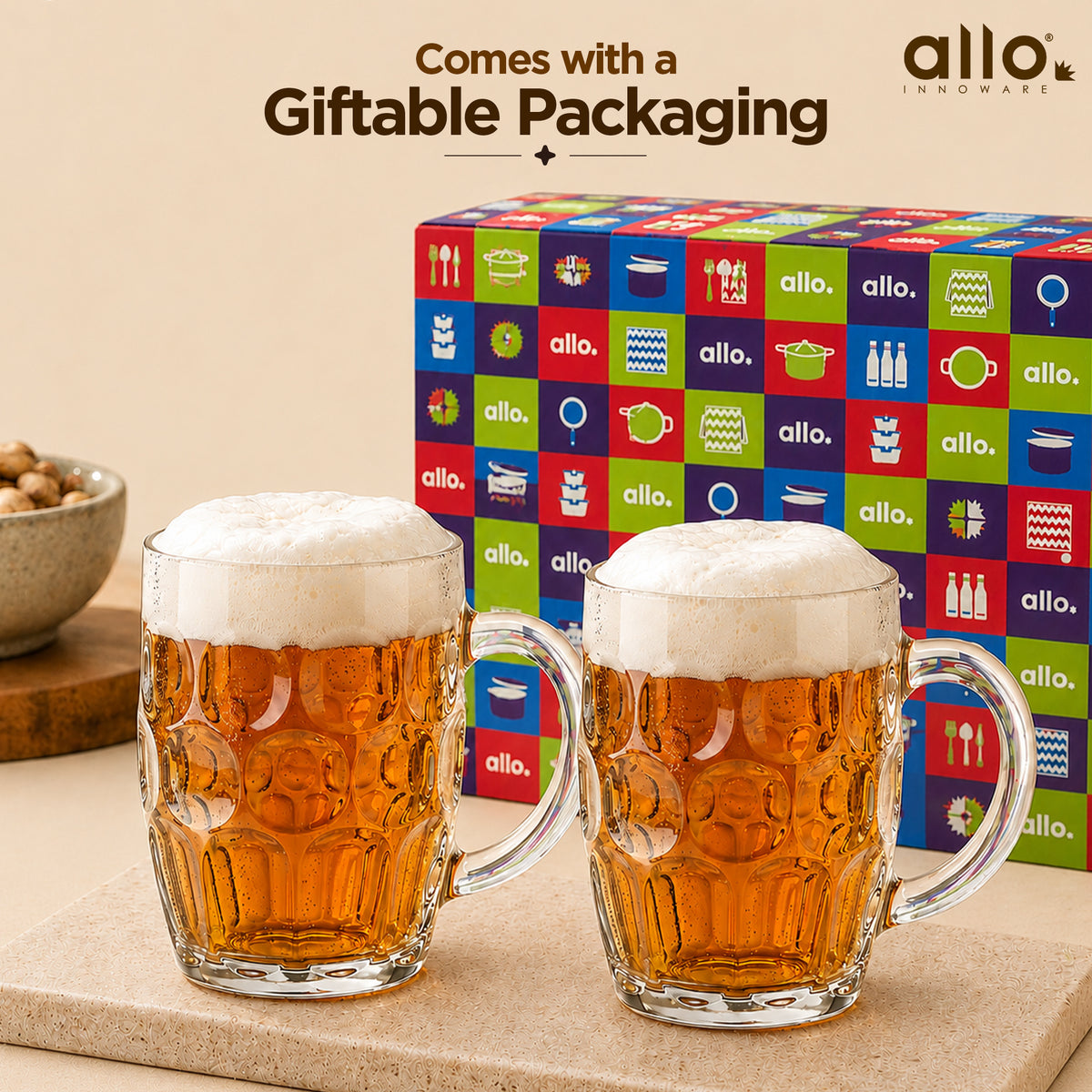 Allo Beer Mug And Drinking Glass Mugs, Set Of 2, 600 ml Each, Serves Beer, Juice, Mocktail, Alcohol, Cocktail, Drinking Glass With Handle | Gift Set Packaging | Transparent Bubble Glass