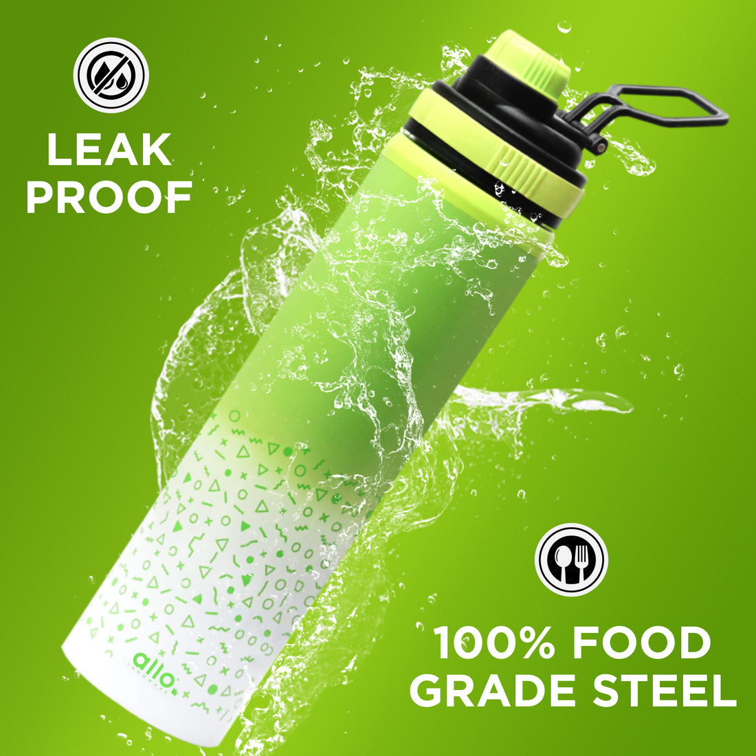 Allo Steel Water Bottles Stainless Steel Sipper Water Bottle for adults, kids 1 Litre Water Bottles for School, Office, Sports, Gym 1L Water Bottle for Men and women, Green White 600ml