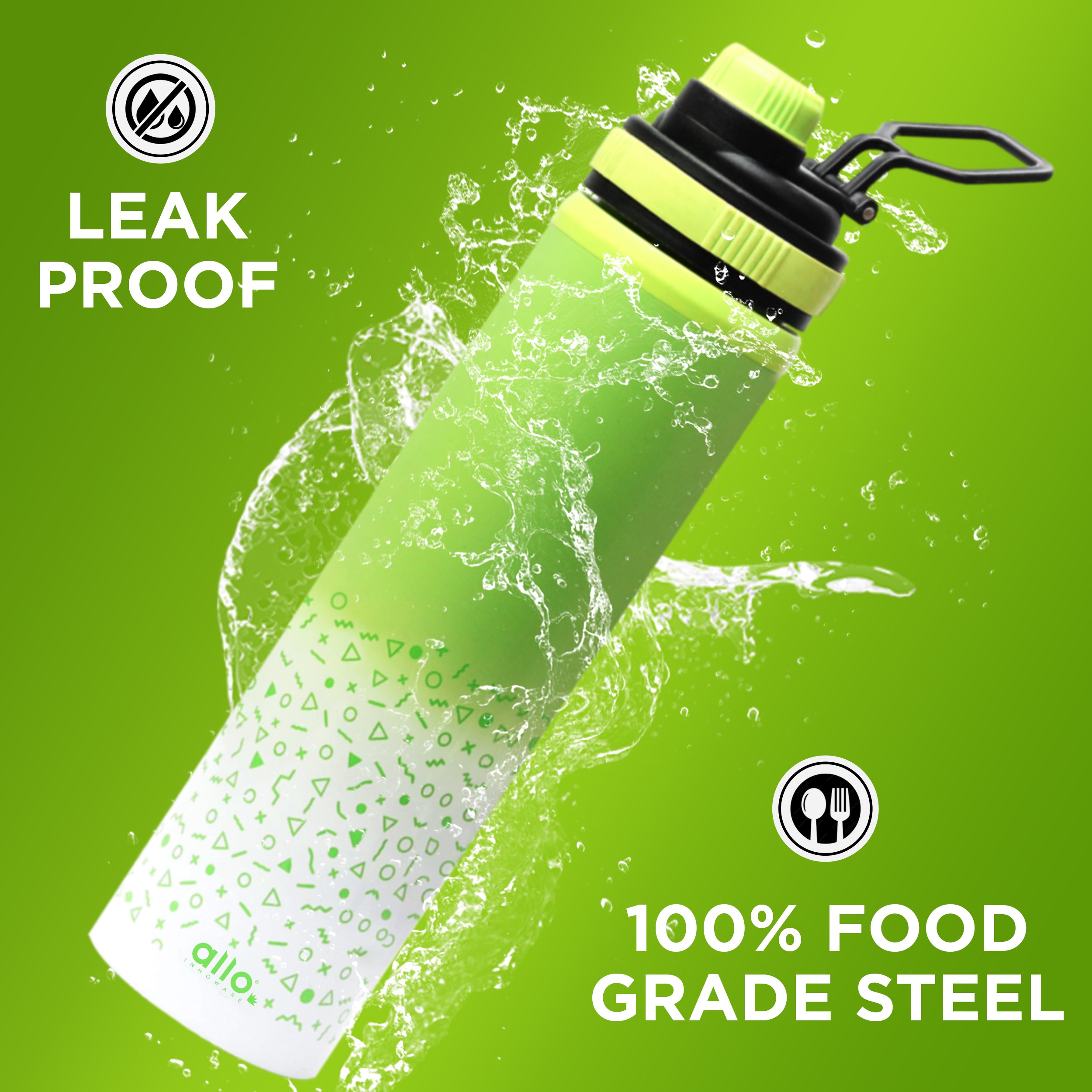 Allo Steel Water Bottles Stainless Steel Sipper Water Bottle for adults, kids 1 Litre Water Bottles for School, Office, Sports, Gym 1L Water Bottle for Men and women, Green White 600ml