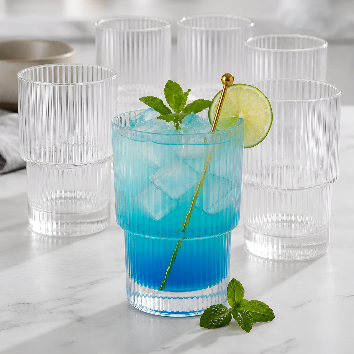 Allo Premium Glass Set Of 6, 193 ml, Latest Design Glasses For Water, Juice, Whisky, Cold Drink | Perfect For Home, Restaurants & Parties, Gift Set Packaging | Transparent Ribbed Glass