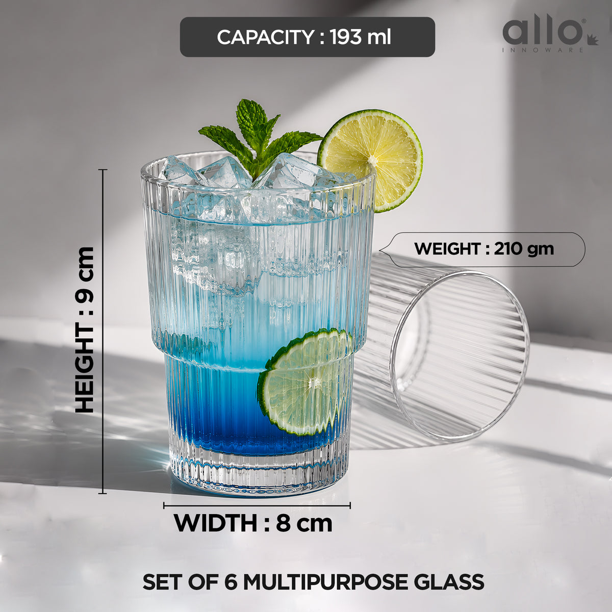 Allo Premium Glass Set Of 6, 193 ml, Latest Design Glasses For Water, Juice, Whisky, Cold Drink | Perfect For Home, Restaurants & Parties, Gift Set Packaging | Transparent Ribbed Glass