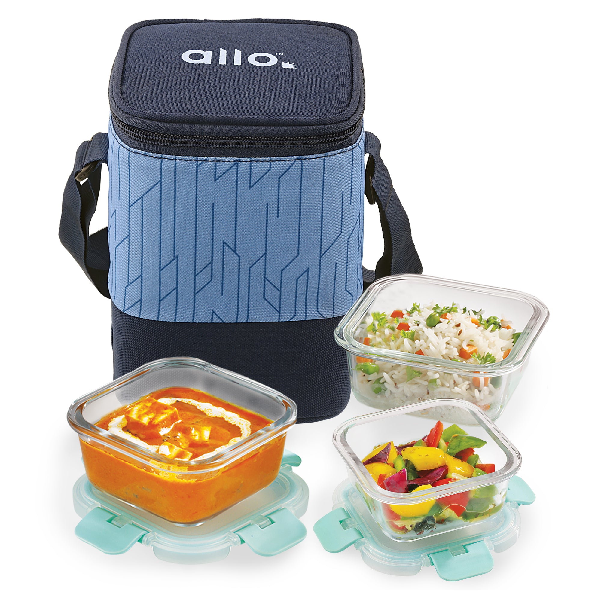Allo Food Safe Glass Lunch Box with Break Free Detachable Lock, 450°C Microwave Safe Lunch Box, Borosilicate Glass Tiffin for office with Space Blue Tiffin Bag, Set of 3, 160ml x 1, 310ml x 2, Square.