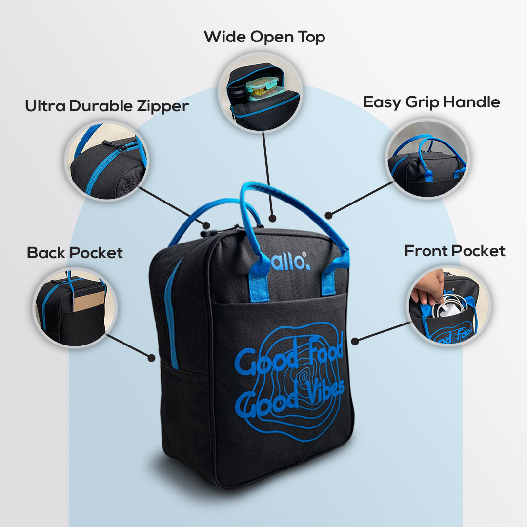 Allo Lunch Bag for Office, School & College, Washable Unisex Tiffin Bag for Men, Women & Kids, Lightweight, Leakproof, Water and Dust Resistant Multipurpose Lunch Bag, Blue (GFGV)\