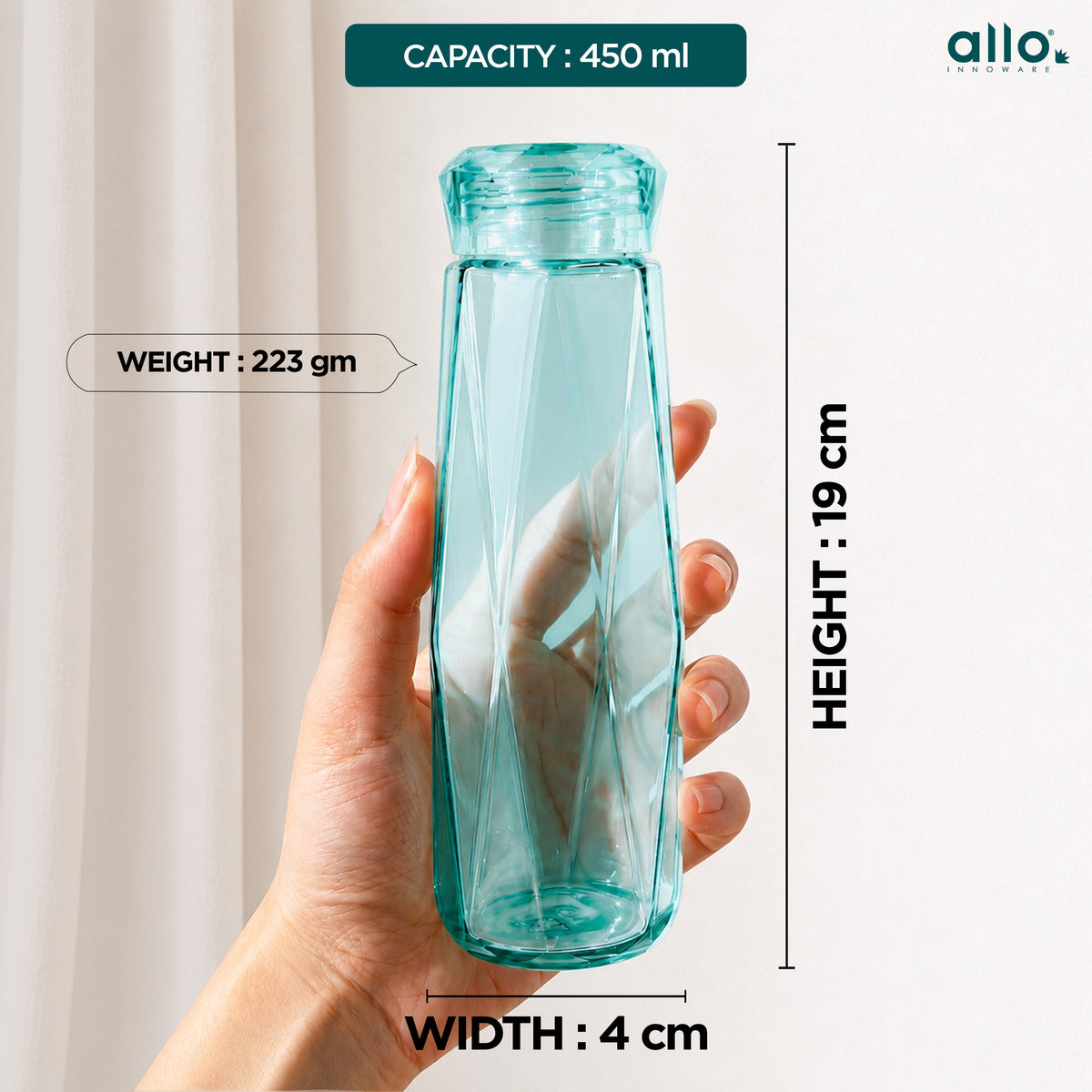 Allo Glass Water Bottle For Women & Men, 450 ml, Aesthetic H2O Bottles For Drinking Detox Water, Juice, Milk, Soda | 0.4 Ltr Bottle For Fridge, Storage, Home | Gift Set Packaging | Geometric Green