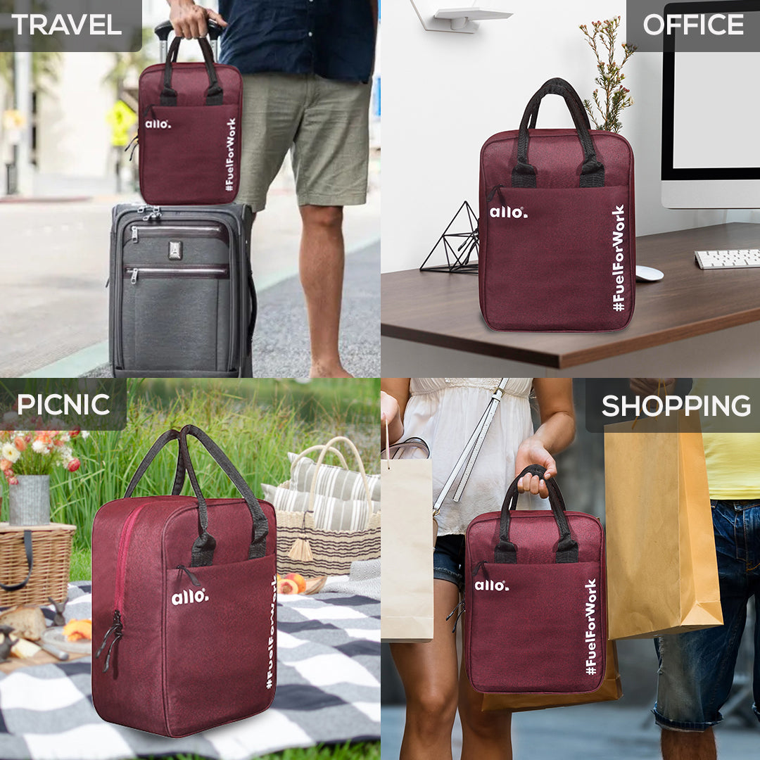 Allo Lunch Bag for Office, School & College, Washable Unisex Tiffin Bag for Men, Women & Kids, Lightweight, Leakproof, Water and Dust Resistant Multipurpose Lunch Bag, Wine Red(FFW)