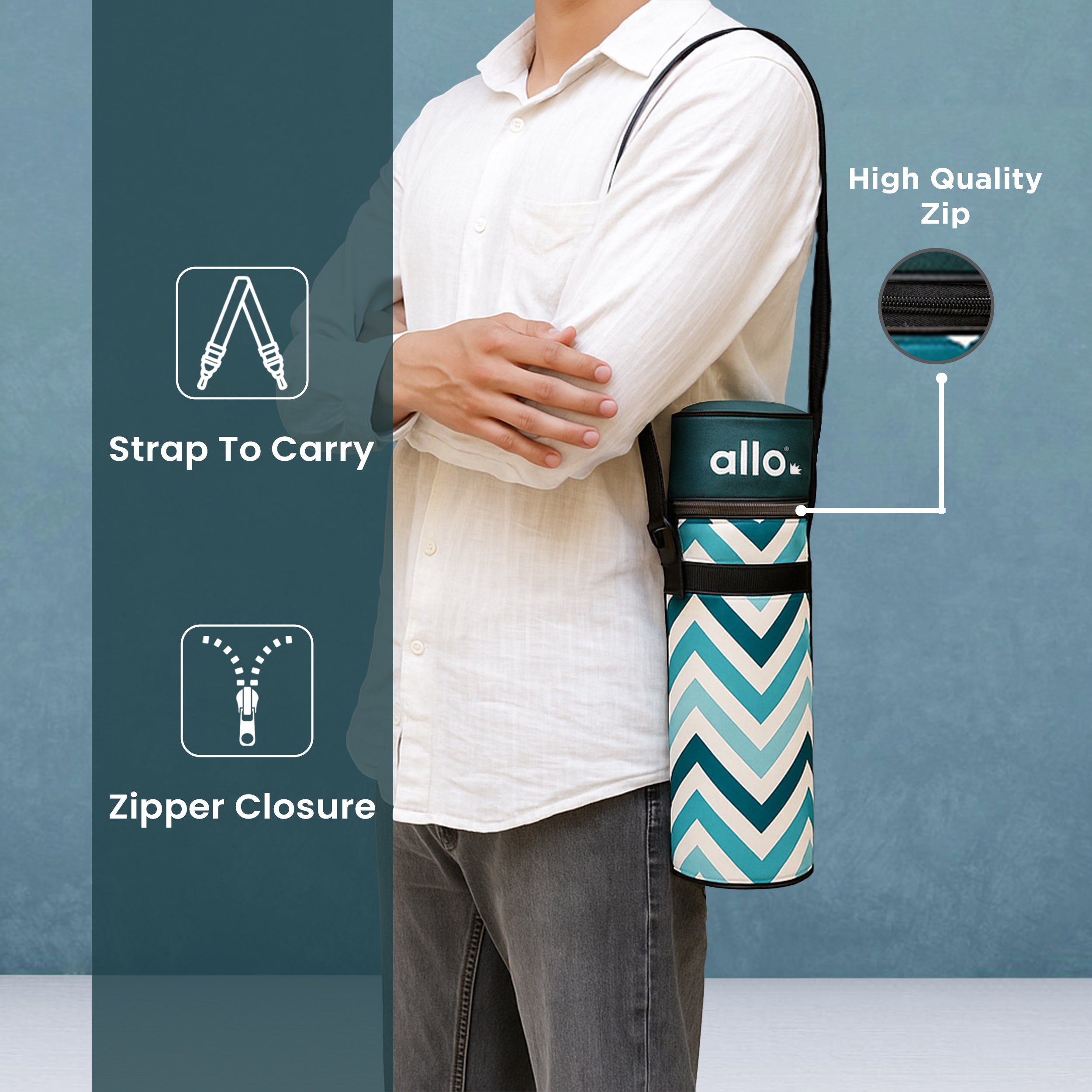 Allo Polyester Thermal Insulated 1L Bottle Cover – Water-Proof Modern Carrier Sleeve with Adjustable Shoulder Handle & Zipper Closure for Travel, Hiking, Office & School, Teal Chevron