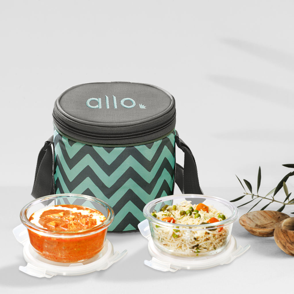 Allo Food Safe Glass Lunch Box, 450°C Microwave Safe Lunch Box, Borosilicate Glass Tiffin for office with Chevron Mint Tiffin Bag, Set of 2, 400ml x 2, round