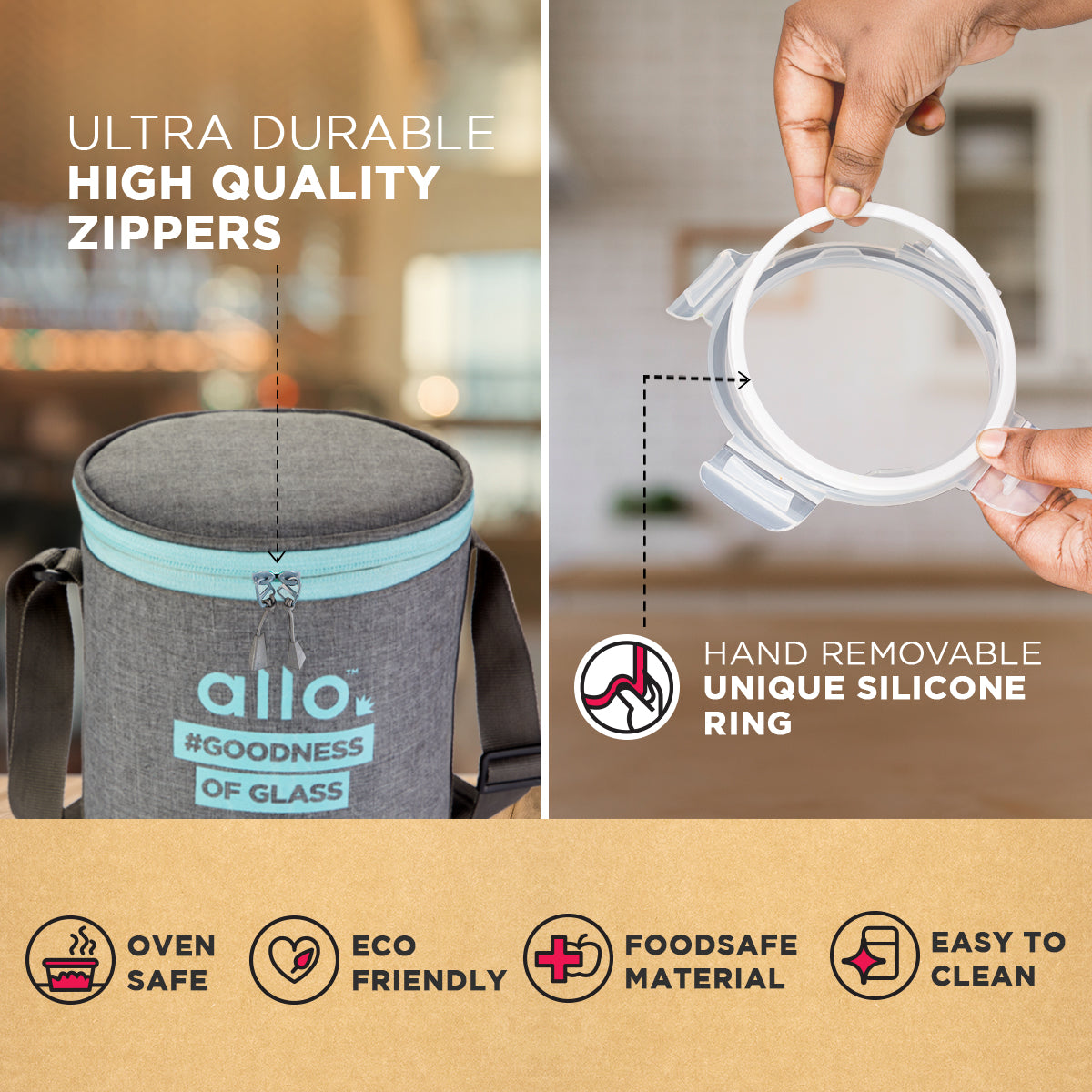 Allo Food Safe Glass Lunch Box, 450°C Microwave Safe Lunch Box, Borosilicate Glass Tiffin for office with Canvas grey Tiffin Bag, Set of 2, 400ml x 2, round