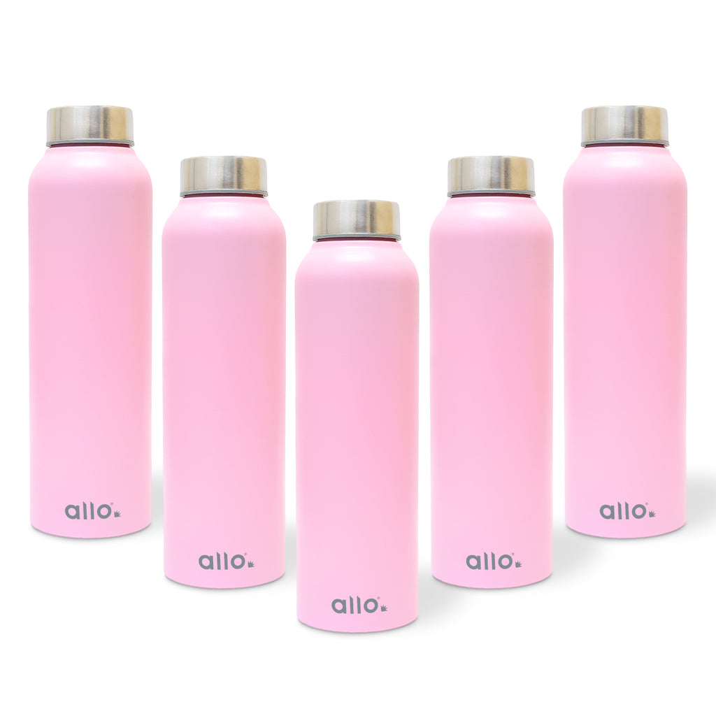 Allo Stainless Steel Water Bottle For Adults, Kids 1 Litre Water Bottles For School, Office, Sports, Gym 1L Water Bottle For Men And Women, Pack Of 5 | Leak Proof & Bpa Free, Pink Steel Cap