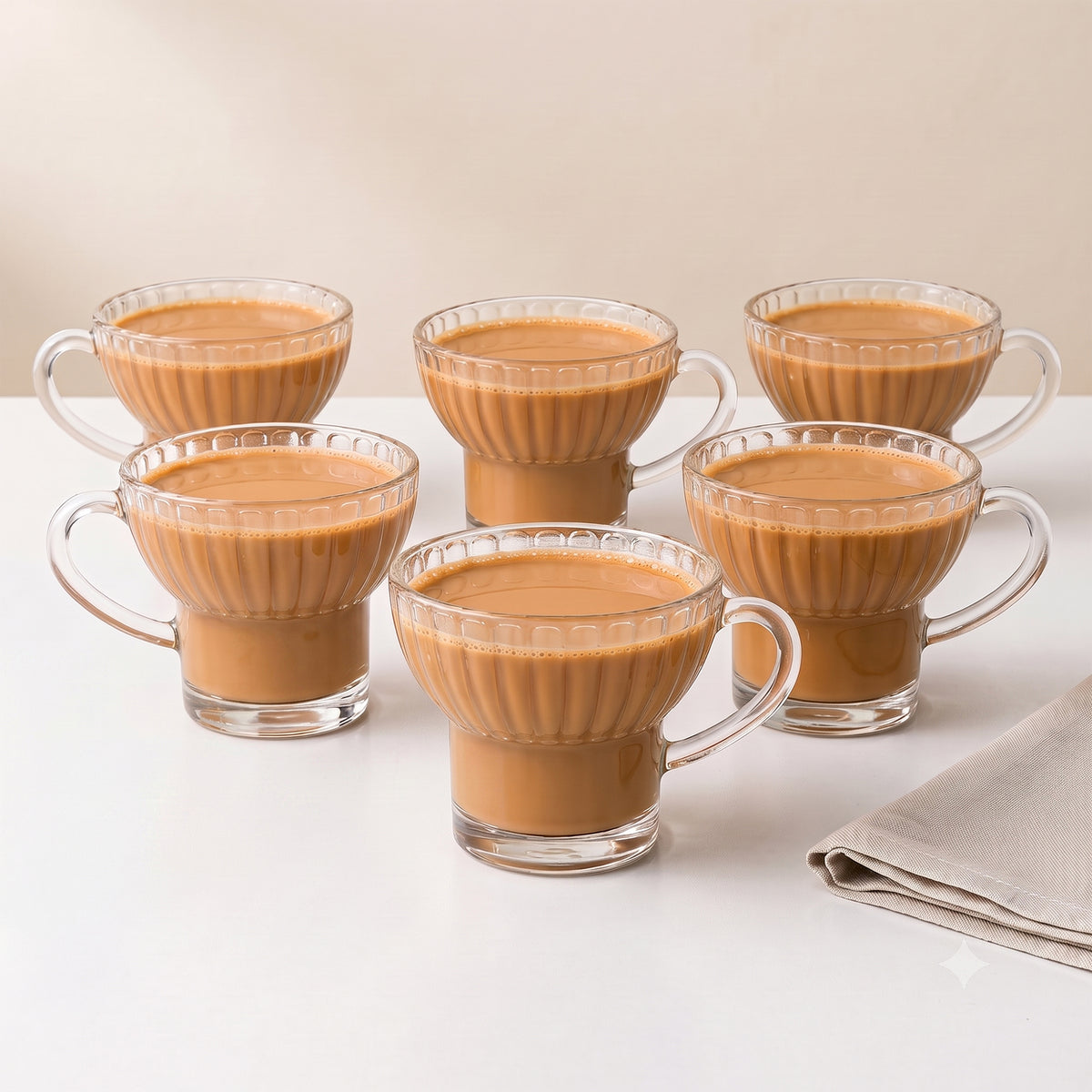 Allo Glass Tea Cups & Mugs, Set Of 6, 225 Ml, Cupset With Handle For Chai, Coffee, Green Tea, Latte | Elegant Home & Kitchen Glassware | Gift Set Packaging | Transparent Ribbed Tea Cup