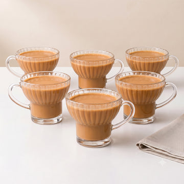 Allo Glass Tea Cups & Mugs, Set Of 6, 225 Ml, Cupset With Handle For Chai, Coffee, Green Tea, Latte | Elegant Home & Kitchen Glassware | Gift Set Packaging | Transparent Ribbed Tea Cup