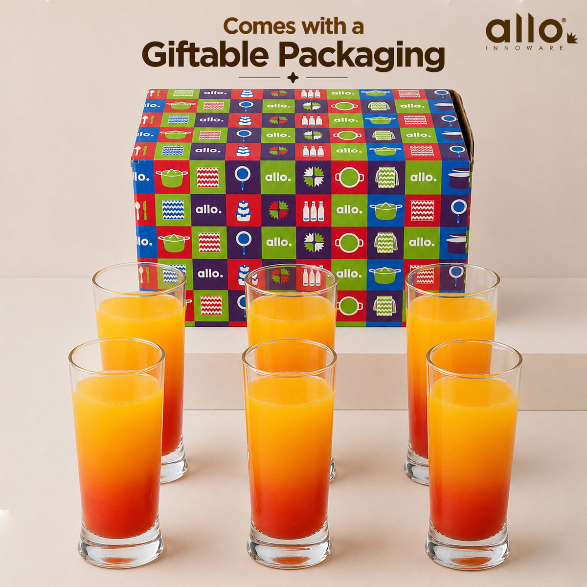 Allo Premium Glass Set Of 6, 310 ml, Latest Design Glasses For Water, Juice, Whisky, Cold Drink | Perfect For Home, Restaurants & Parties, Gift Set Packaging | Transparent Pedestal Glass