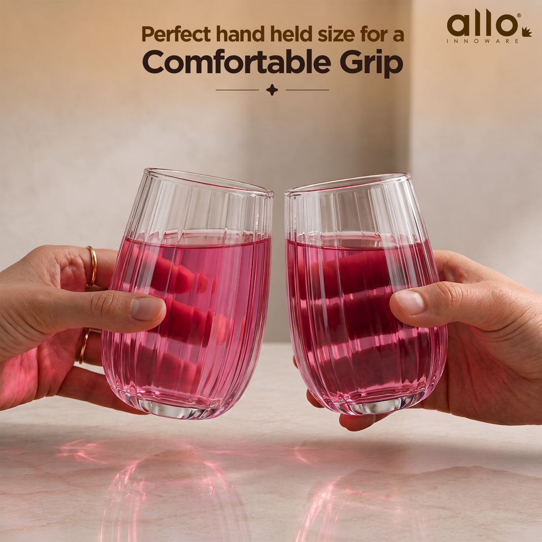 Allo Premium Glass Set Of 6, 400 ml, Latest Design Glasses For Water, Juice, Whisky, Cold Drink | Perfect For Home, Restaurants & Parties, Gift Set Packaging | Transparent Fluted Round Glass
