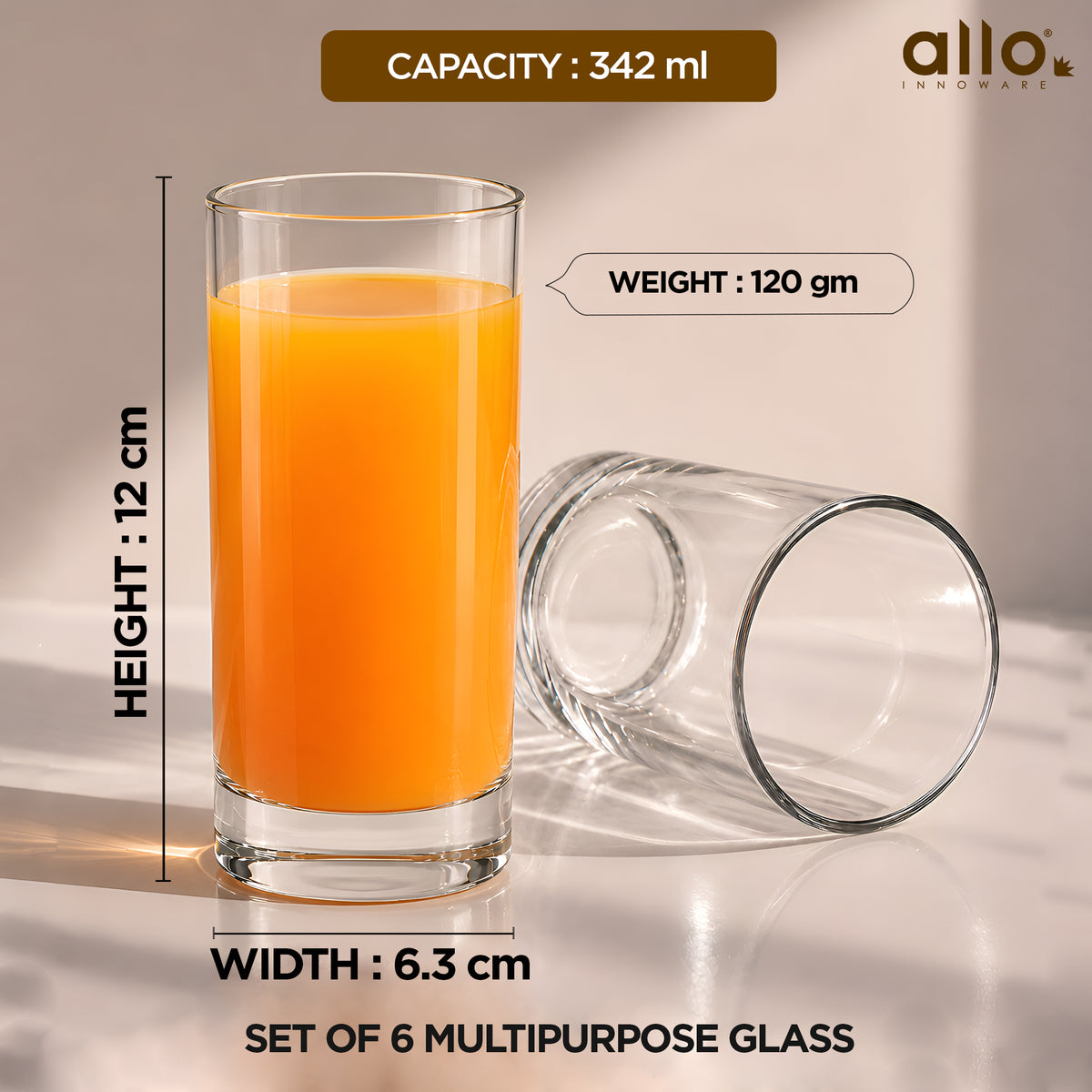 Allo Premium Glass Set Of 6, 342 ml, Latest Design Glasses For Water, Juice, Whisky, Cold Drink | Perfect For Home, Restaurants & Parties, Gift Set Packaging | Transparent Classic Straight Glass