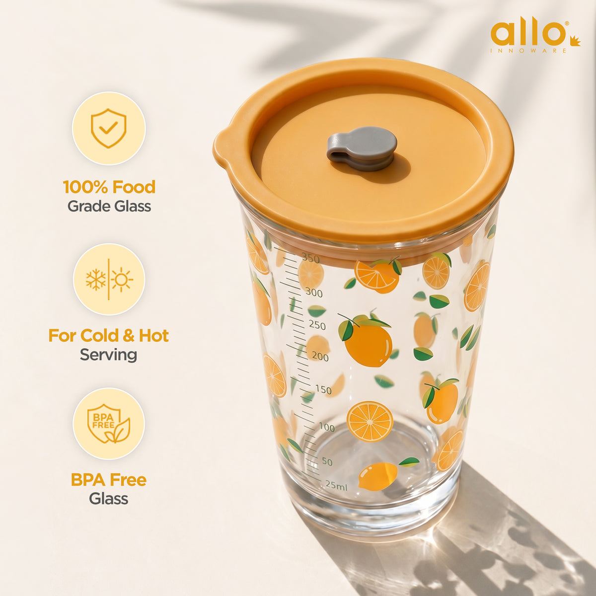 Allo Reusable Glass Mug Sipper Tumbler with Straw, Unique 2 in 1 ANTI Spill Lid | Microwave Safe Leakproof Glass with Anti-Slip Grip for Hot & Cold Coffee| Car, Office, Travel use | 450ml (Orange)