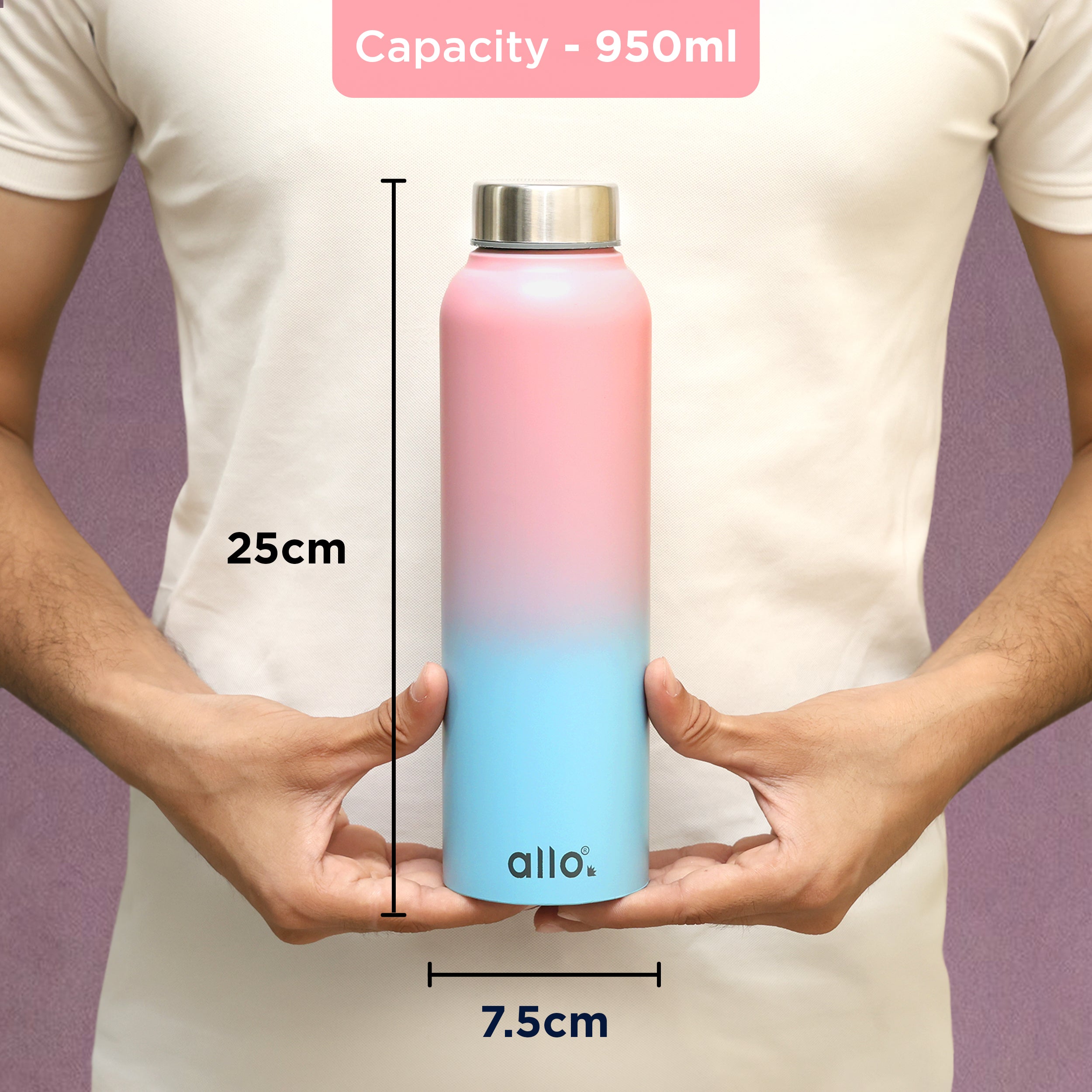 Allo Stainless Steel Water Bottle For Adults, Kids 1 Litre Water Bottles For School, Office, Sports, Gym 1L Water Bottle For Men & Women, Pack Of 5, Leak Proof, Bpa Free, Pink & Baby Blue Handle Cap