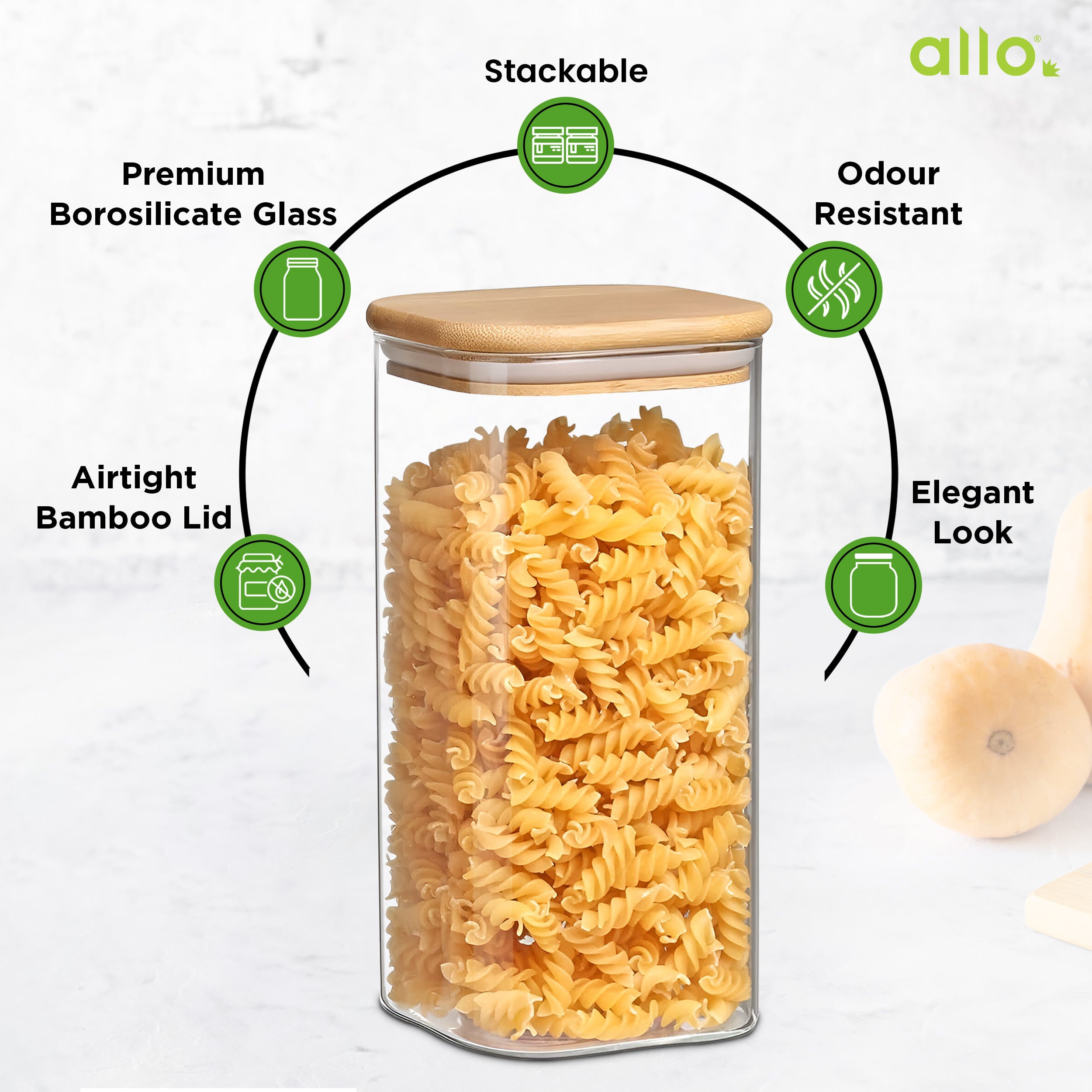 Allo 600ML Kitchen Storage Box Glass Jars With Wooden Lids - Borosilicate Glass Food Storage Containers Airtight Glass Jar For Tea, Coffee, Spice, Pulses, Masala (Square Glass Jar - Set of 5)