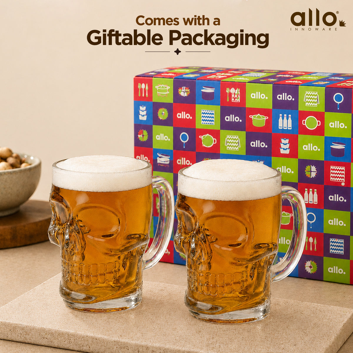 Allo Beer Mug And Drinking Glass Mugs, Set Of 2, 520 ml Each, Serves Beer, Juice, Mocktail, Alcohol, Cocktail, Drinking Glass With Handle, Fluted Glass | Gift Set Packaging | Transparent Skull Face