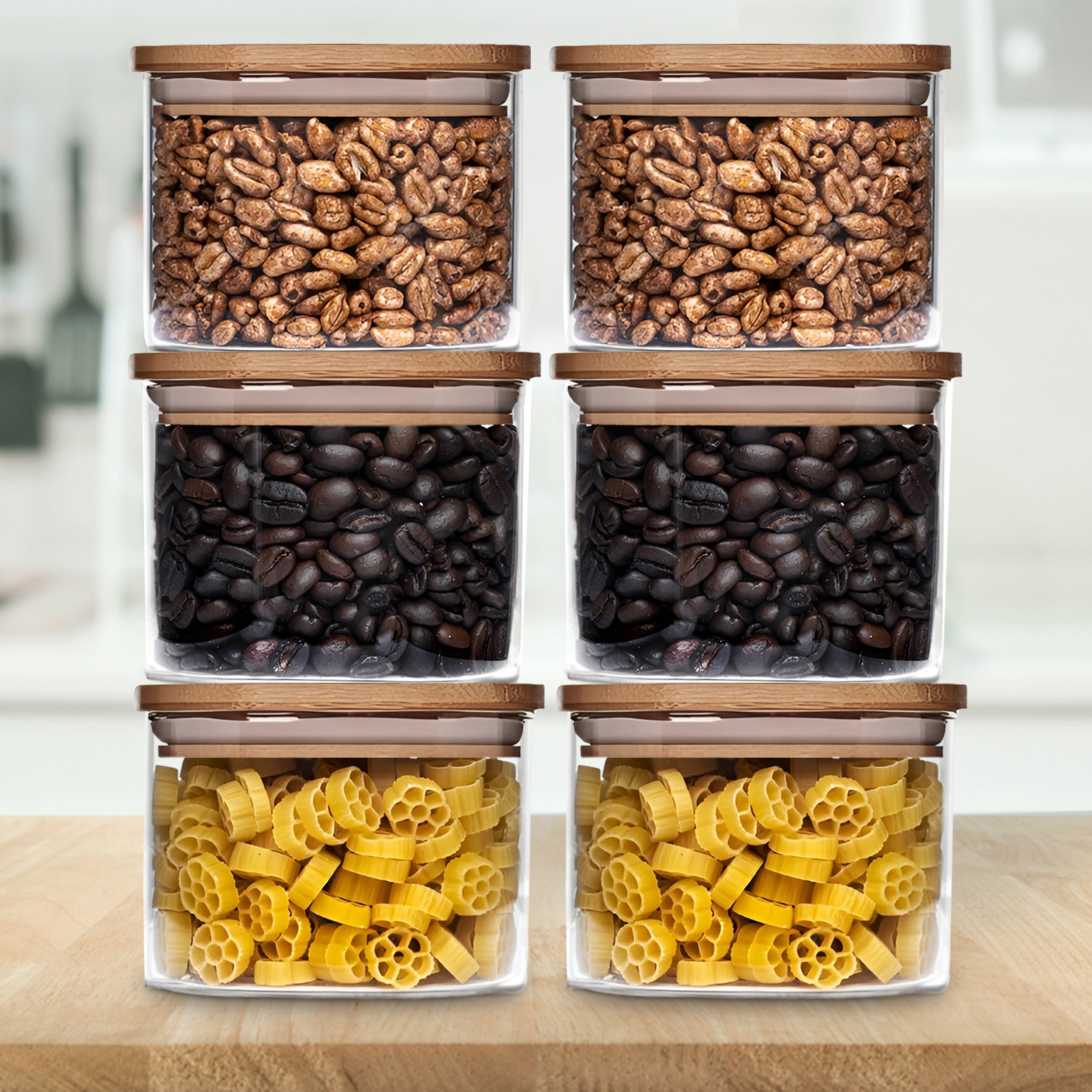 Allo 300ML Kitchen Storage Box Glass Jars With Wooden Lids - Borosilicate Glass Food Storage Containers Airtight Glass Jar For Tea, Coffee, Spice, Pulses, Masala (Square Glass Jar - Set of 6)