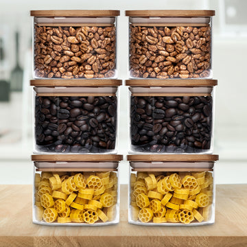 Allo 300ML Kitchen Storage Box Glass Jars With Wooden Lids - Borosilicate Glass Food Storage Containers Airtight Glass Jar For Tea, Coffee, Spice, Pulses, Masala (Square Glass Jar - Set of 6)