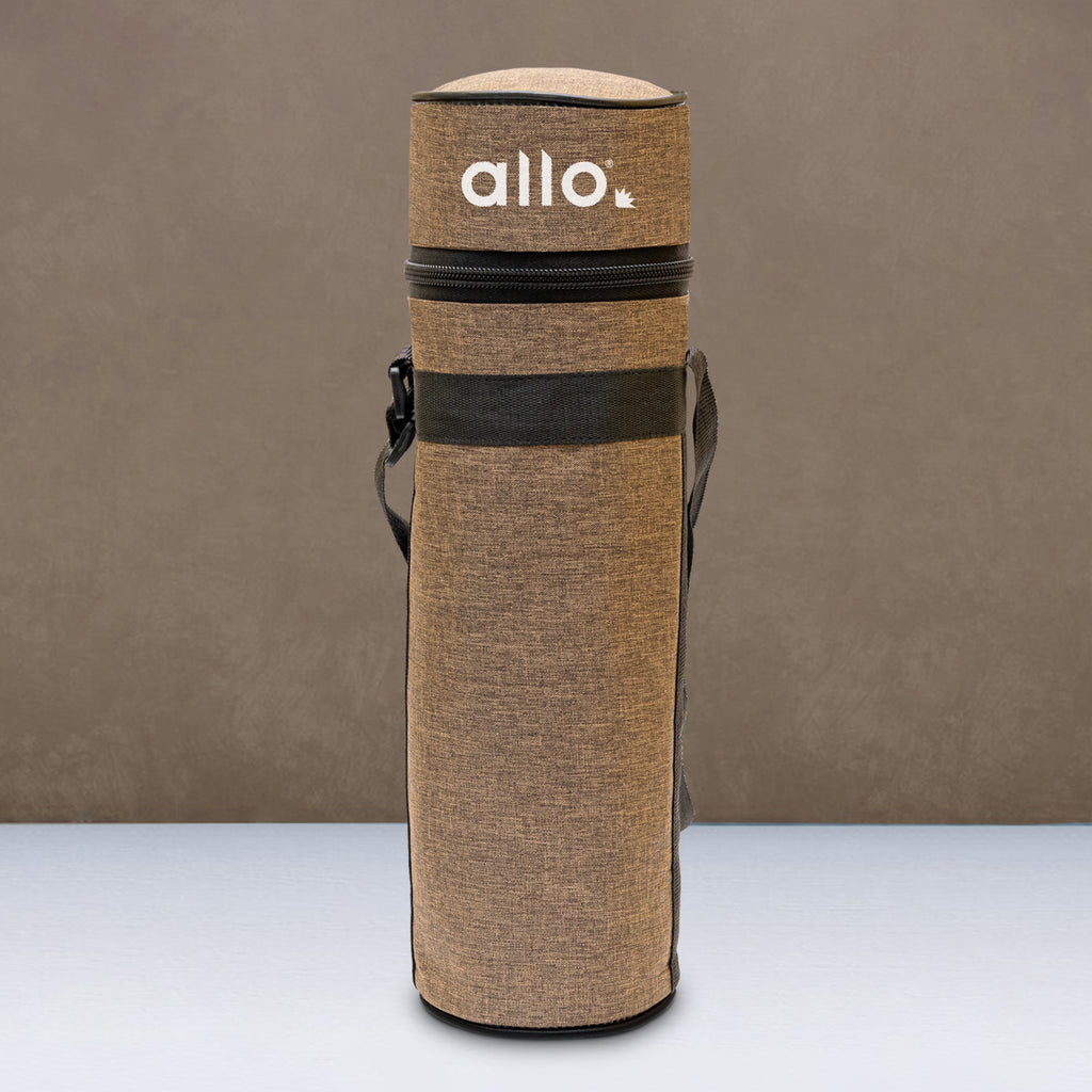 Allo Polyester Thermal Insulated 1L Bottle Cover – Water-Proof Modern Carrier Sleeve with Adjustable Shoulder Handle & Zipper Closure for Travel, Hiking, Office & School, Brown