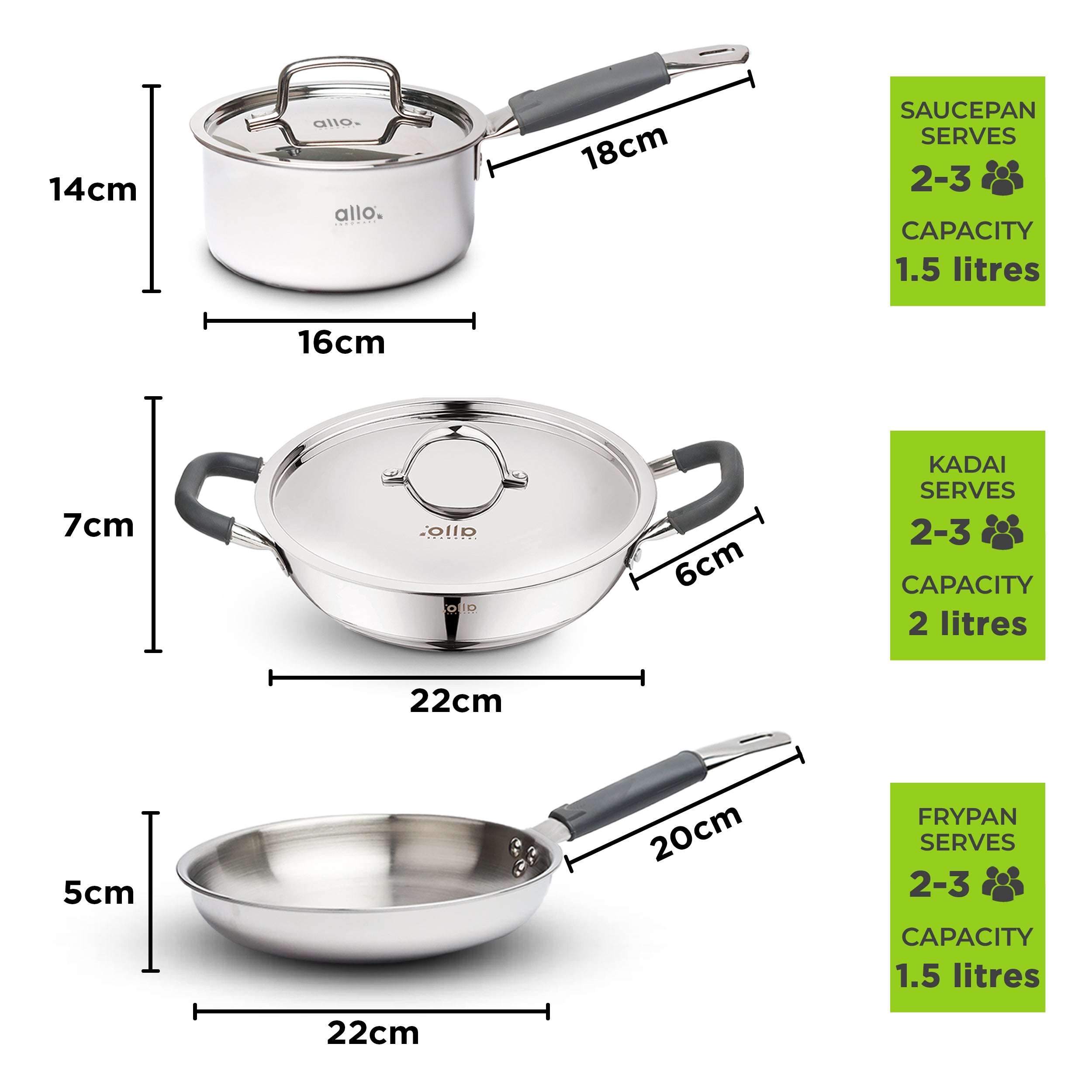 Allo Stainless Steel Triply Cookware Set | Kadai with Lid (22 Cm/3 L)+ Fry Pan (22 Cm/1.5L)+ Saucepan (16 Cm/1.5L) | Perfect Cooking Combo/Stir-Fry/Deep-Fry Induction Friendly Set of 5 | Nonstick