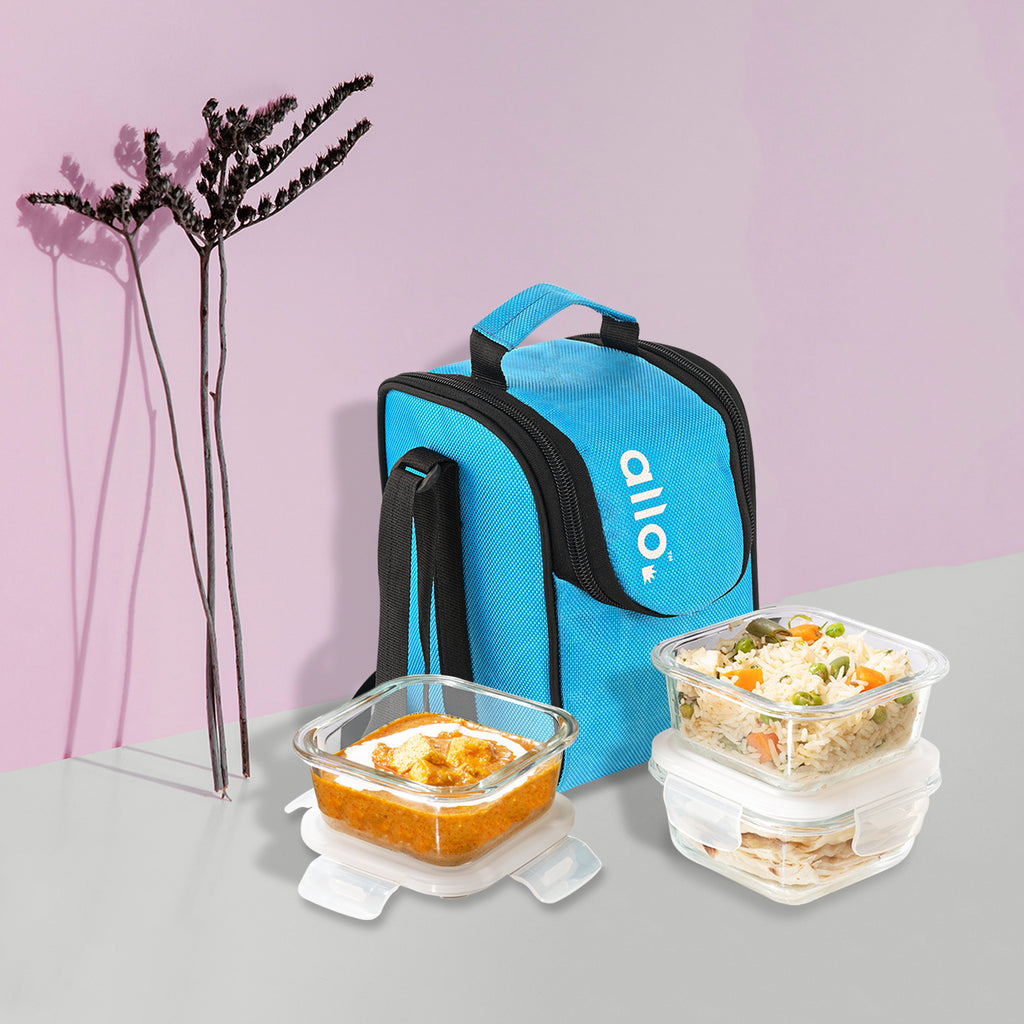 Allo Food Safe Glass Lunch Box, 450°C Microwave Safe Lunch Box, Borosilicate Glass Tiffin for office with Sky blue Tiffin Bag, Set of 3, 320ml x 3, square