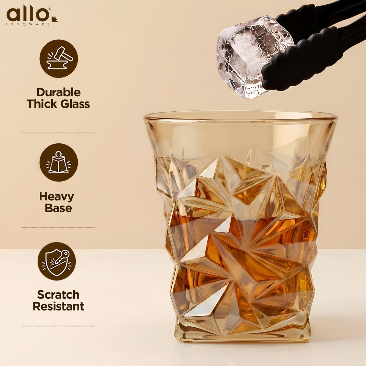 Allo Glass Set Of 6 Premium Whisky Glasses, 270 ml, For Drinking Water, Wine, Cocktail, Mocktail, Martini, Liquor, Alcohol, Scotch, Bourbon | Gift Set Packaging | Golden Star Cut Whiskey Glass