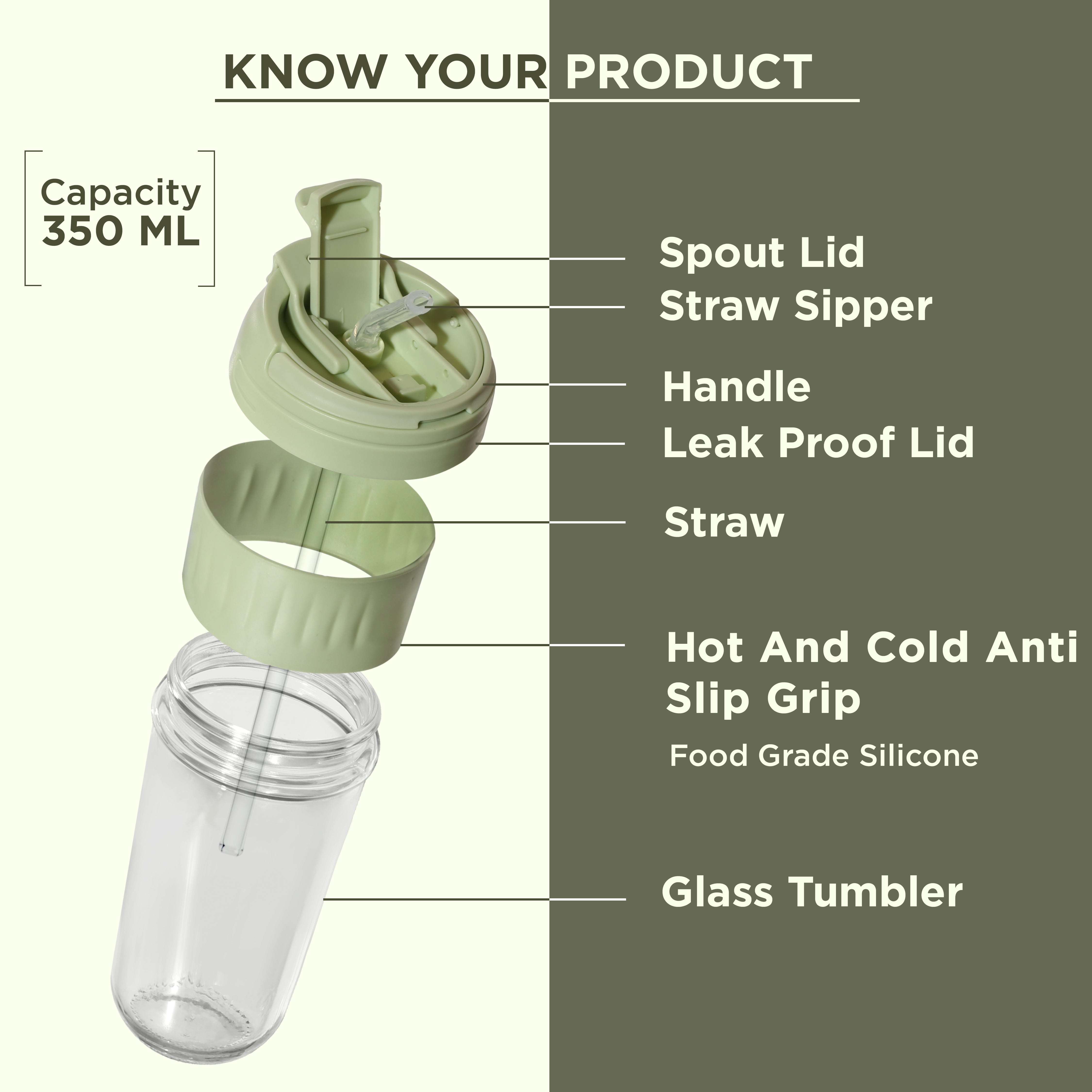 Allo Reusable Glass Mug Sipper Tumbler with Straw, Unique 2 in 1 Anti Spill Lid | Microwave Safe Leakproof Glass with Anti-Slip Grip for Hot & Cold Coffee|| Car, Office, Travel use | 350ml (Green)