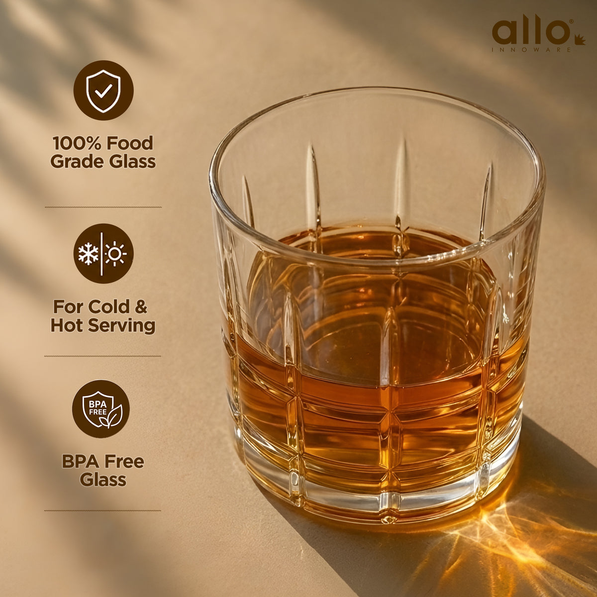 Allo Glass Set Of 6 Premium Whisky Glasses, 210 ml, For Drinking Water, Wine, Cocktail, Mocktail, Martini, Liquor, Alcohol, Scotch, Bourbon | Gift Set Packaging | Transparent Square Grid Whiskey Glass