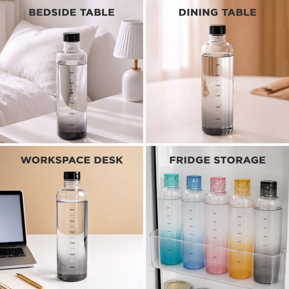 Allo Glass Water Bottle For Women & Men, 600 ml, Aesthetic H2O Bottles For Drinking Detox Water, Juice, Milk, Soda | 0.4 Ltr Bottle For Fridge, Storage, Home | Gift Set Packaging | Time Marked Black