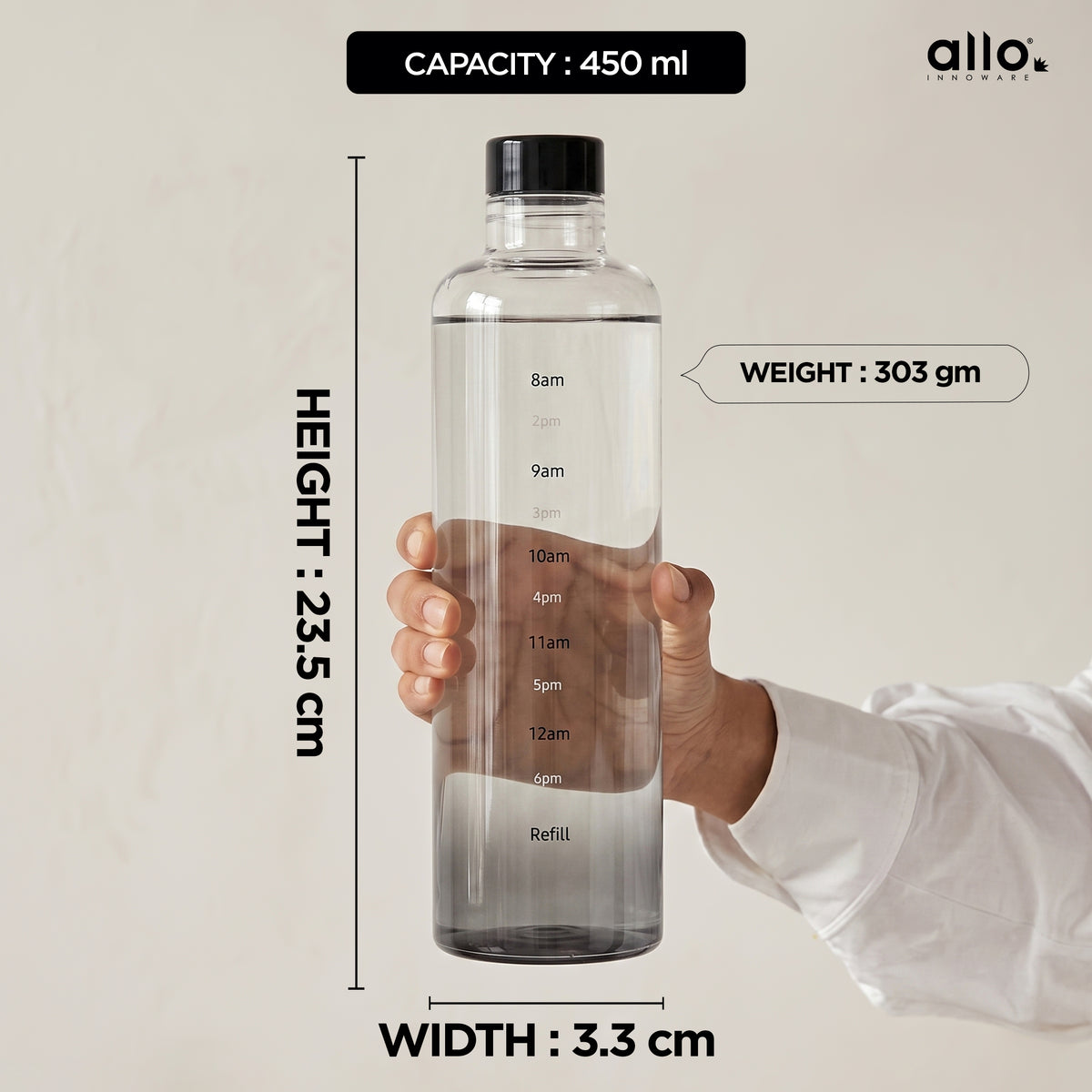 Allo Glass Water Bottle For Women & Men, 600 ml, Aesthetic H2O Bottles For Drinking Detox Water, Juice, Milk, Soda | 0.4 Ltr Bottle For Fridge, Storage, Home | Gift Set Packaging | Time Marked Black