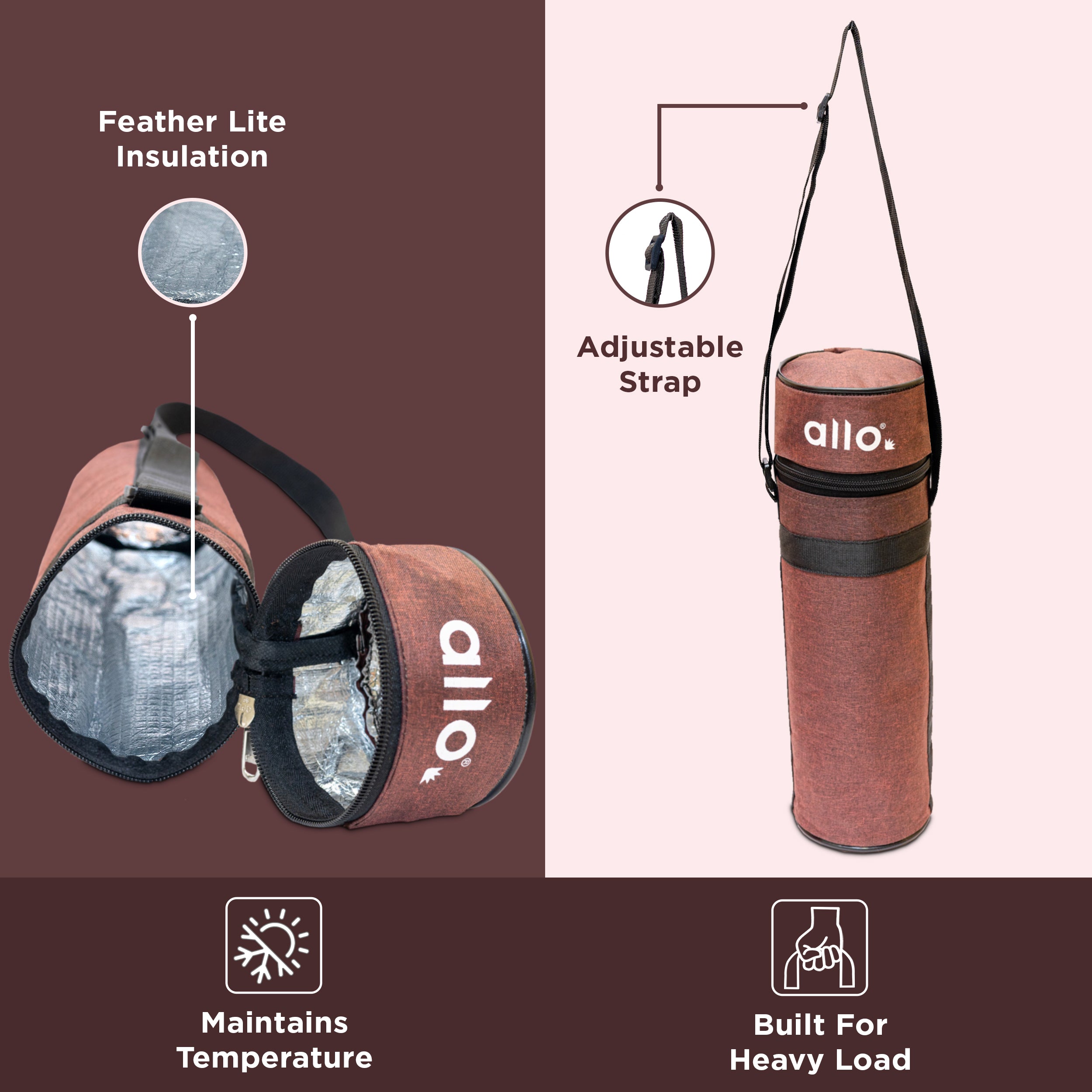 Allo Polyester Thermal Insulated 1L Bottle Cover – Water-Proof Modern Carrier Sleeve with Adjustable Shoulder Handle & Zipper Closure for Travel, Hiking, Office & School, WINE RED