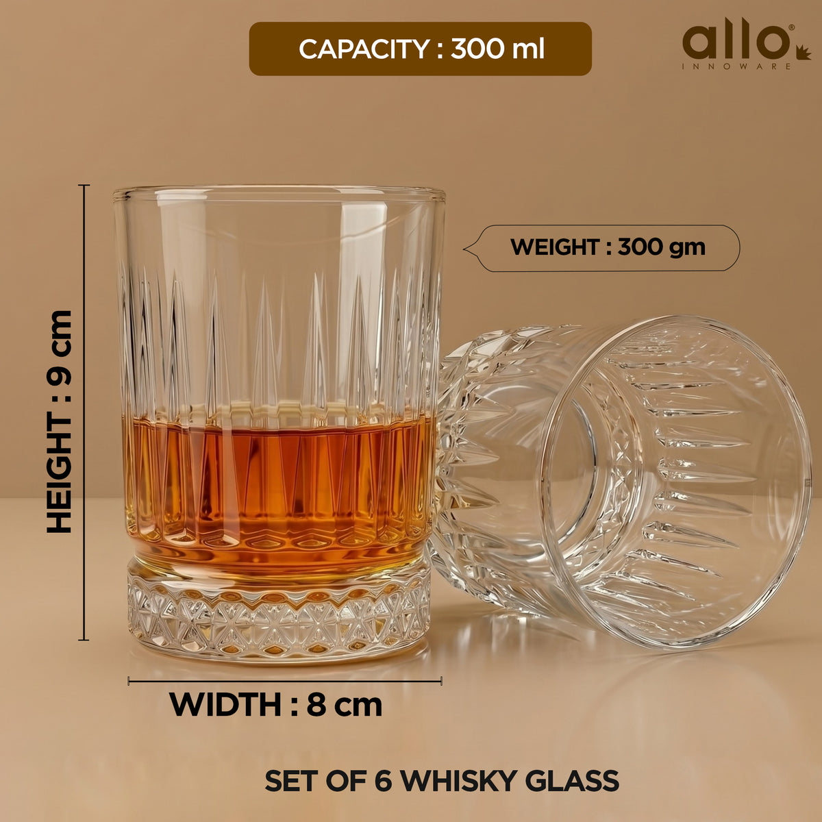 Allo Glass Set Of 6 Premium Whisky Glasses, 300 ml, For Drinking Water, Wine, Cocktail, Mocktail, Martini, Liquor, Alcohol, Scotch, Bourbon | Gift Set Packaging | Transparent Diamond Lattice Cut Glass