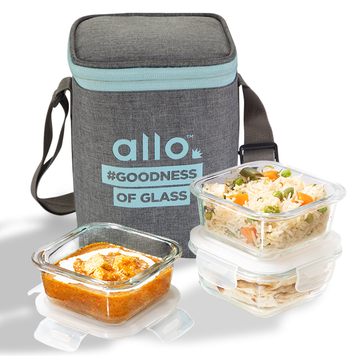 Allo Food Safe Glass Lunch Box, 450°C Microwave Safe Lunch Box, Borosilicate Glass Tiffin for office with Canvas grey Tiffin Bag, Set of 3, 320ml x 3, square