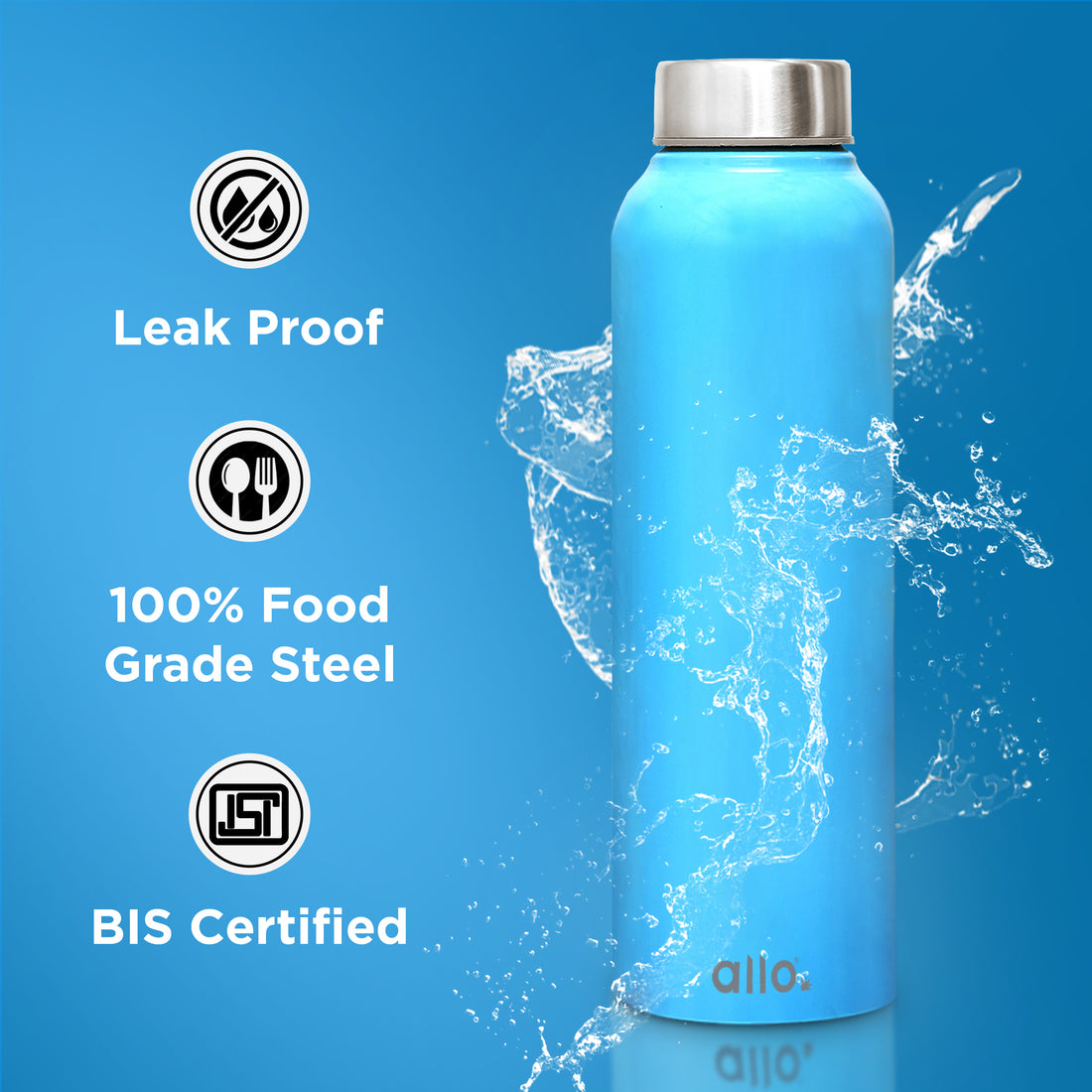 Allo Stainless Steel Water Bottle For Adults, Kids 0.95 Litre Water Bottles For School, Office, Sports, Gym 950ML Water Bottle For Men And Women, Pack Of 2 | Leak Proof & Bpa Free, True Blue Steel Cap