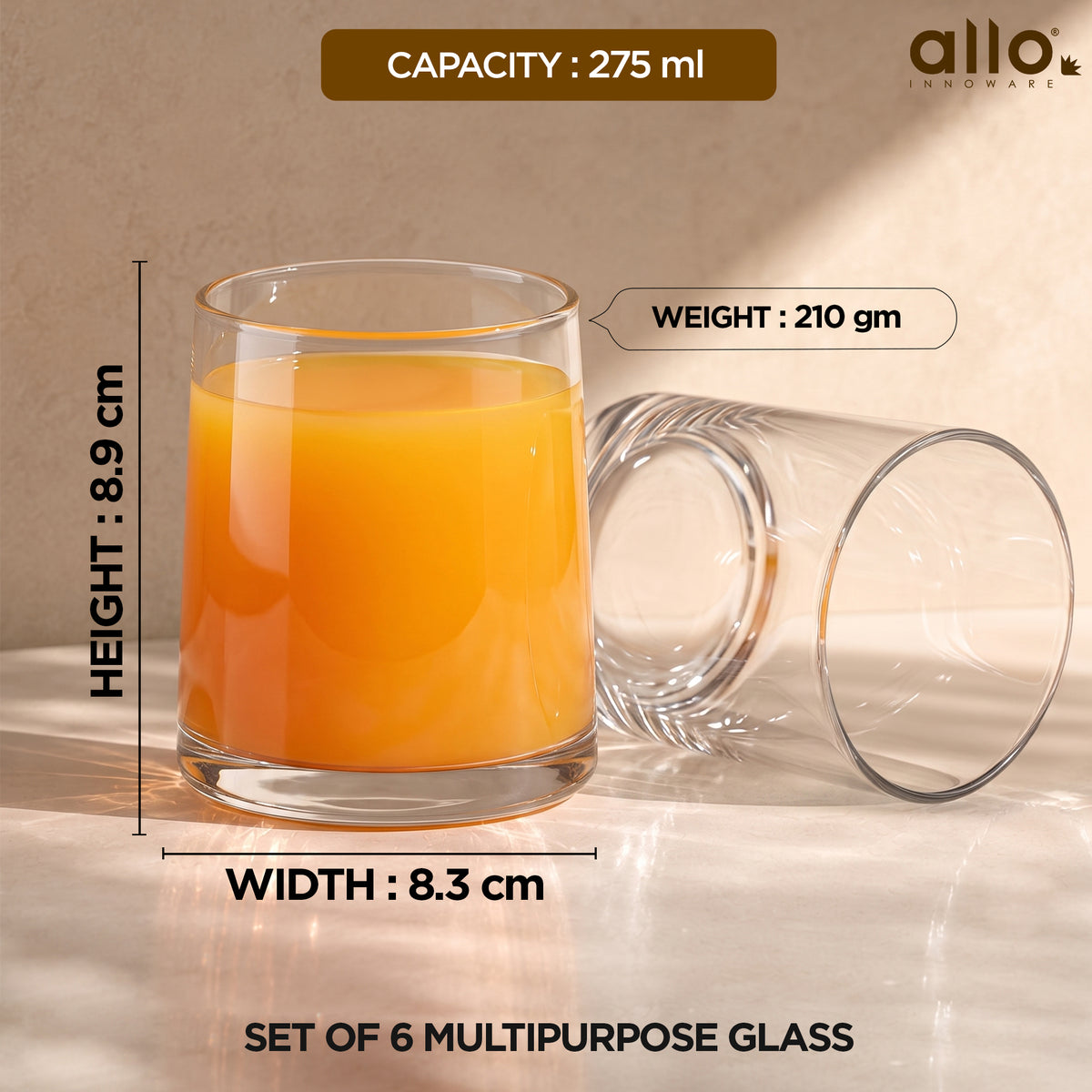 Allo Premium Glass Set Of 6, 275 ml, Latest Design Glasses For Water, Juice, Whisky, Cold Drink | Lead Free | Perfect For Home & Parties, Gift Set Packaging | Transparent Solid Base Glass