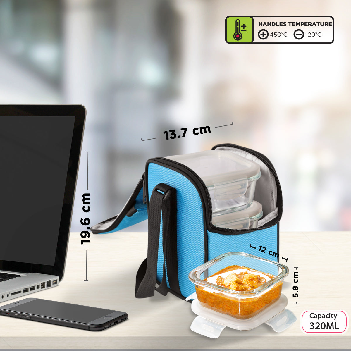 Allo Food Safe Glass Lunch Box, 450°C Microwave Safe Lunch Box, Borosilicate Glass Tiffin for office with Sky blue Tiffin Bag, Set of 3, 320ml x 3, square