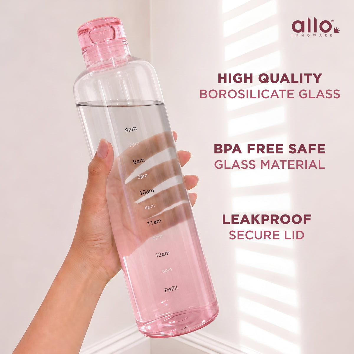 Allo Glass Water Bottle For Women & Men, 600 ml, Aesthetic H2O Bottles For Drinking Detox Water, Juice, Milk, Soda | 0.4 Ltr Bottle For Fridge, Storage, Home | Gift Set Packaging | Time Marked Pink
